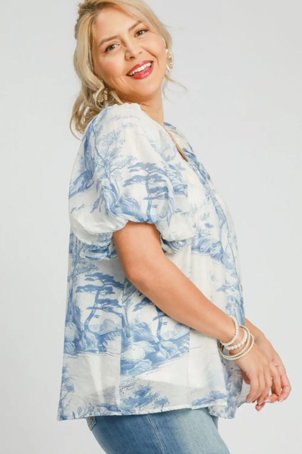Full Size Two Tone Toile Print Top Plus Size, image 2