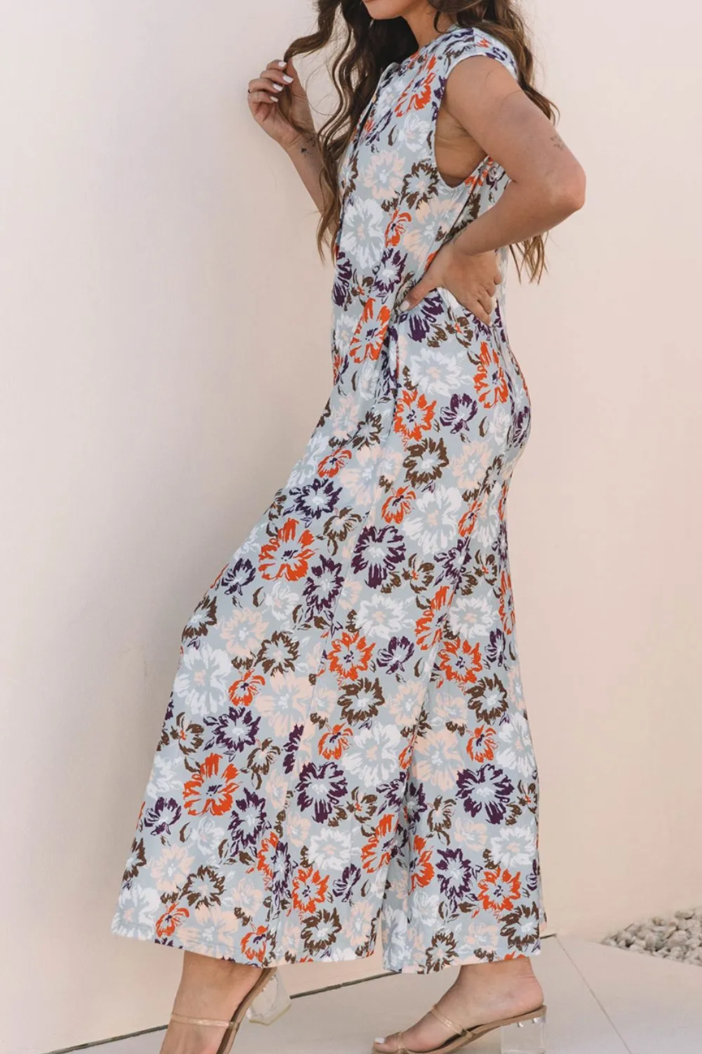 Floral Sleeveless Button Front Wide Leg Jumpsuit, image 6
