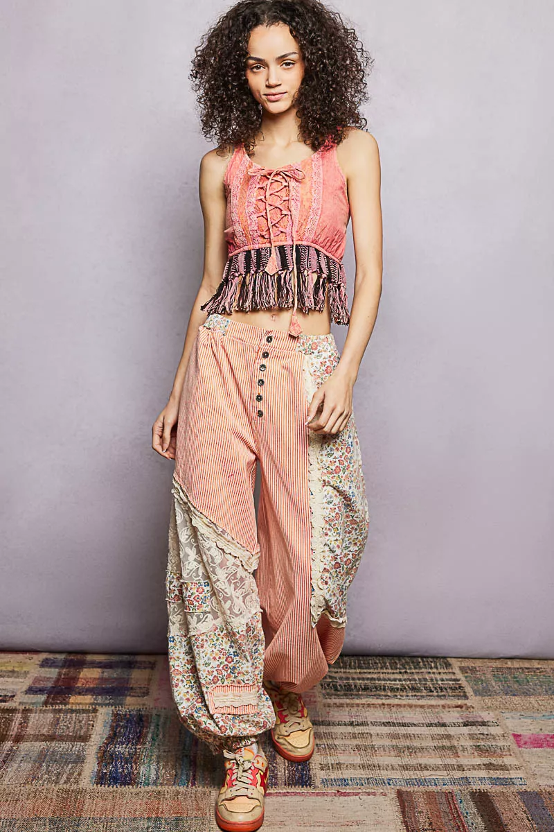 Lace-Up Fringe Hem Tank with Lace Detail, image 5
