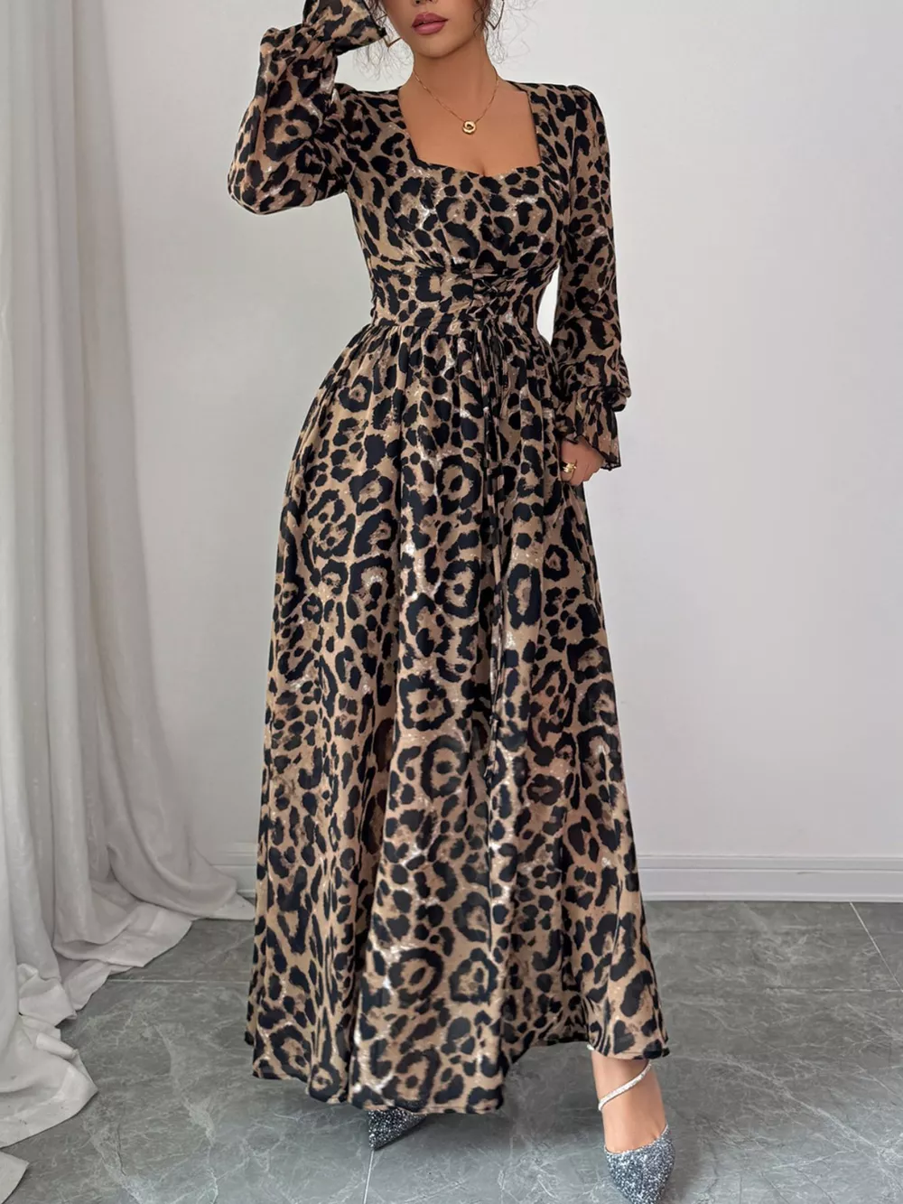 Leopard Sweetheart Neck Flounce Sleeve Maxi Dress, image 2