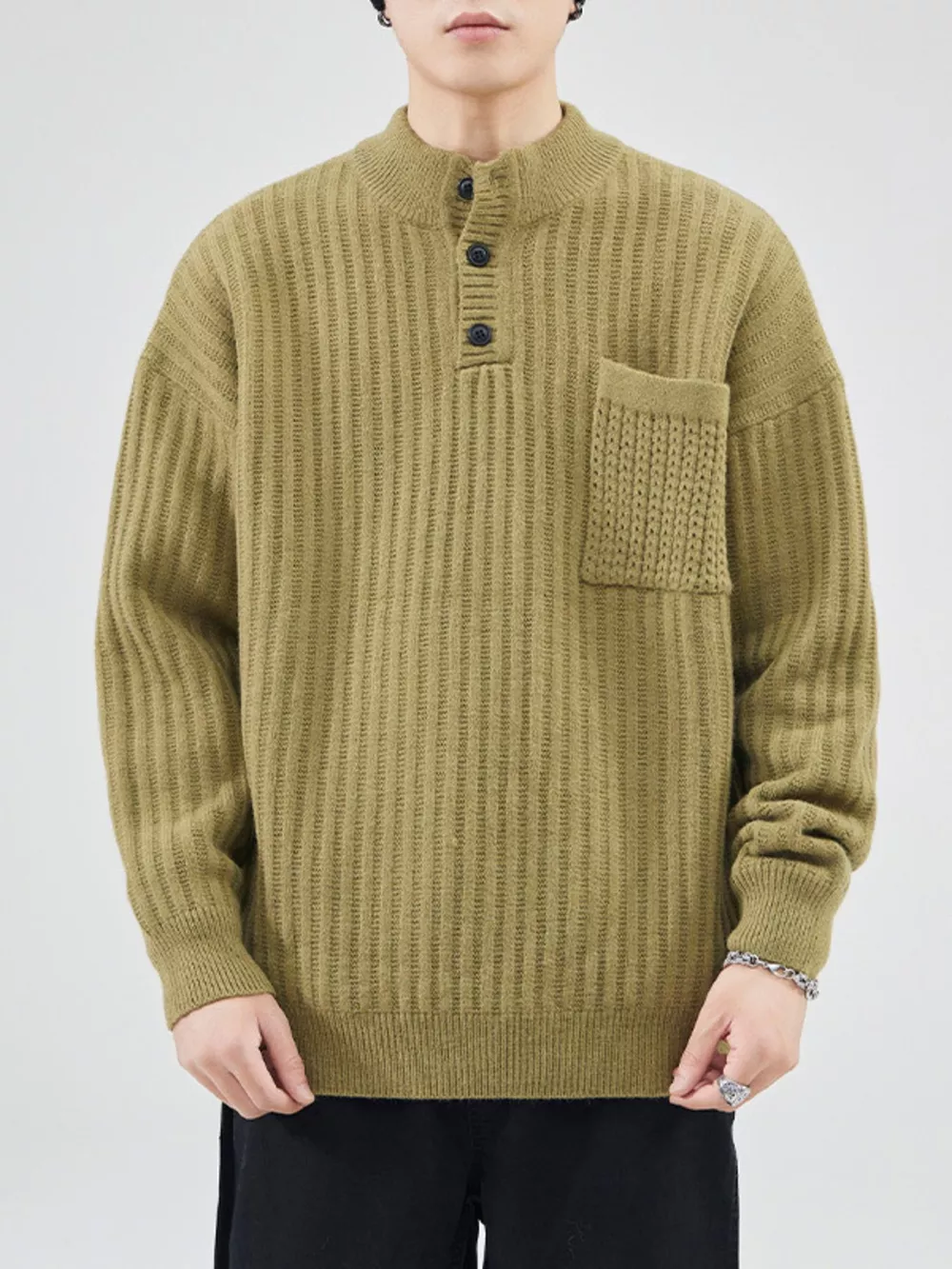 Men's Full Size Button Detail Long Sleeve Sweater Plus Size, image 8