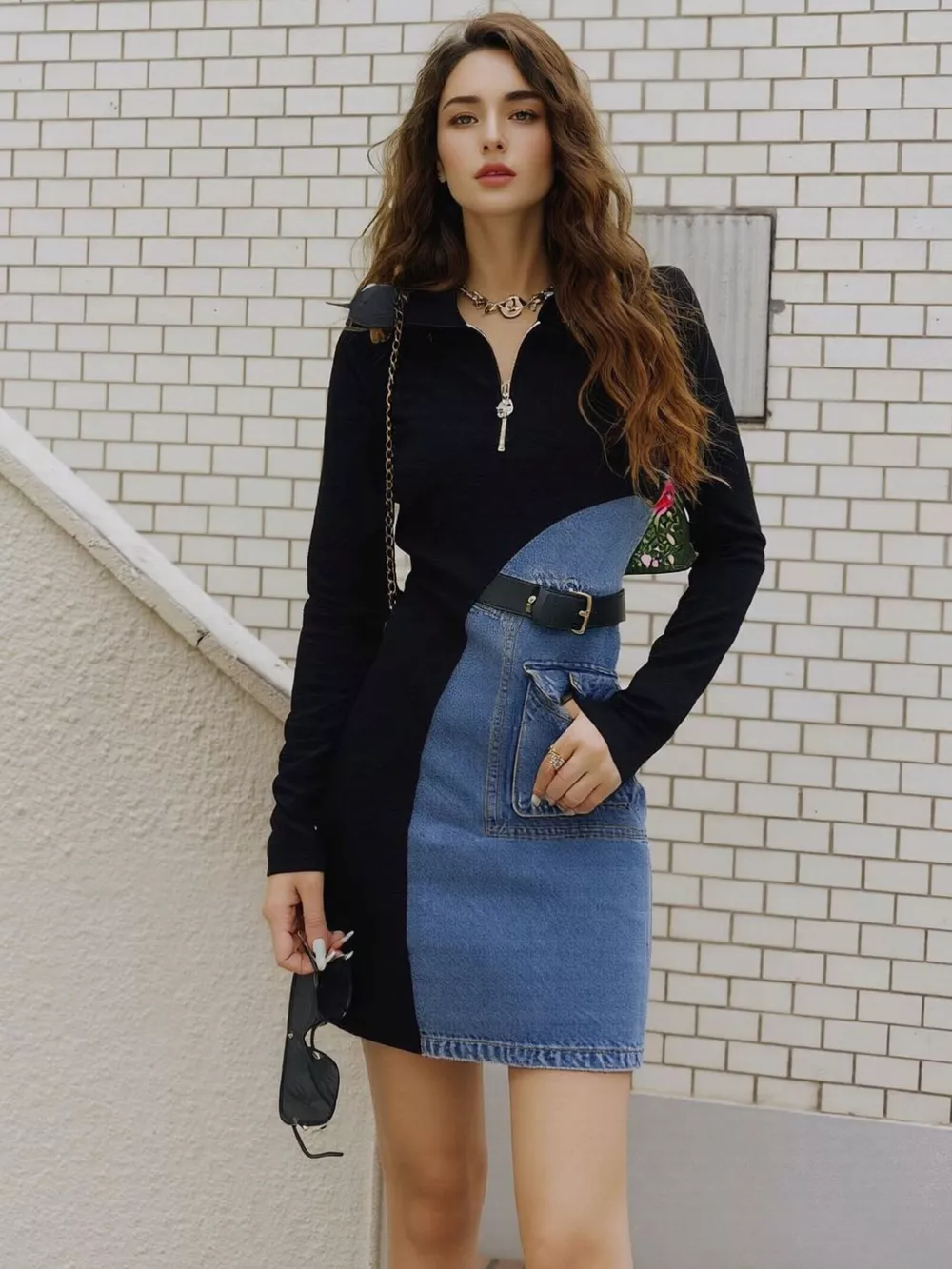 Full Size Color Block Denim Patchwork Mini Dress Plus Size
