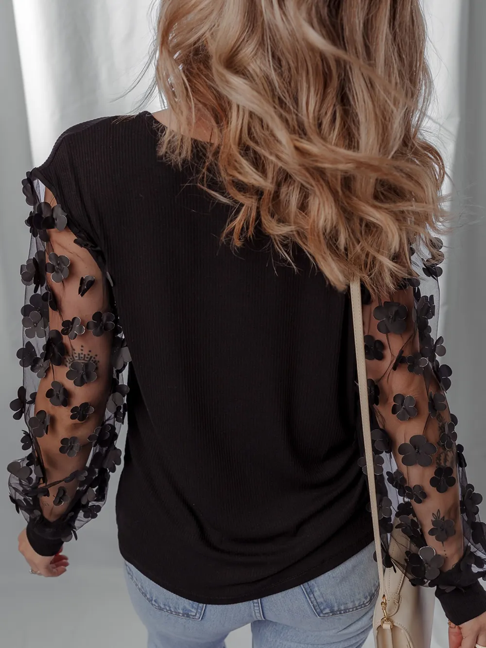 Flower Sheer Sleeve V-Neck Blouse, image 7