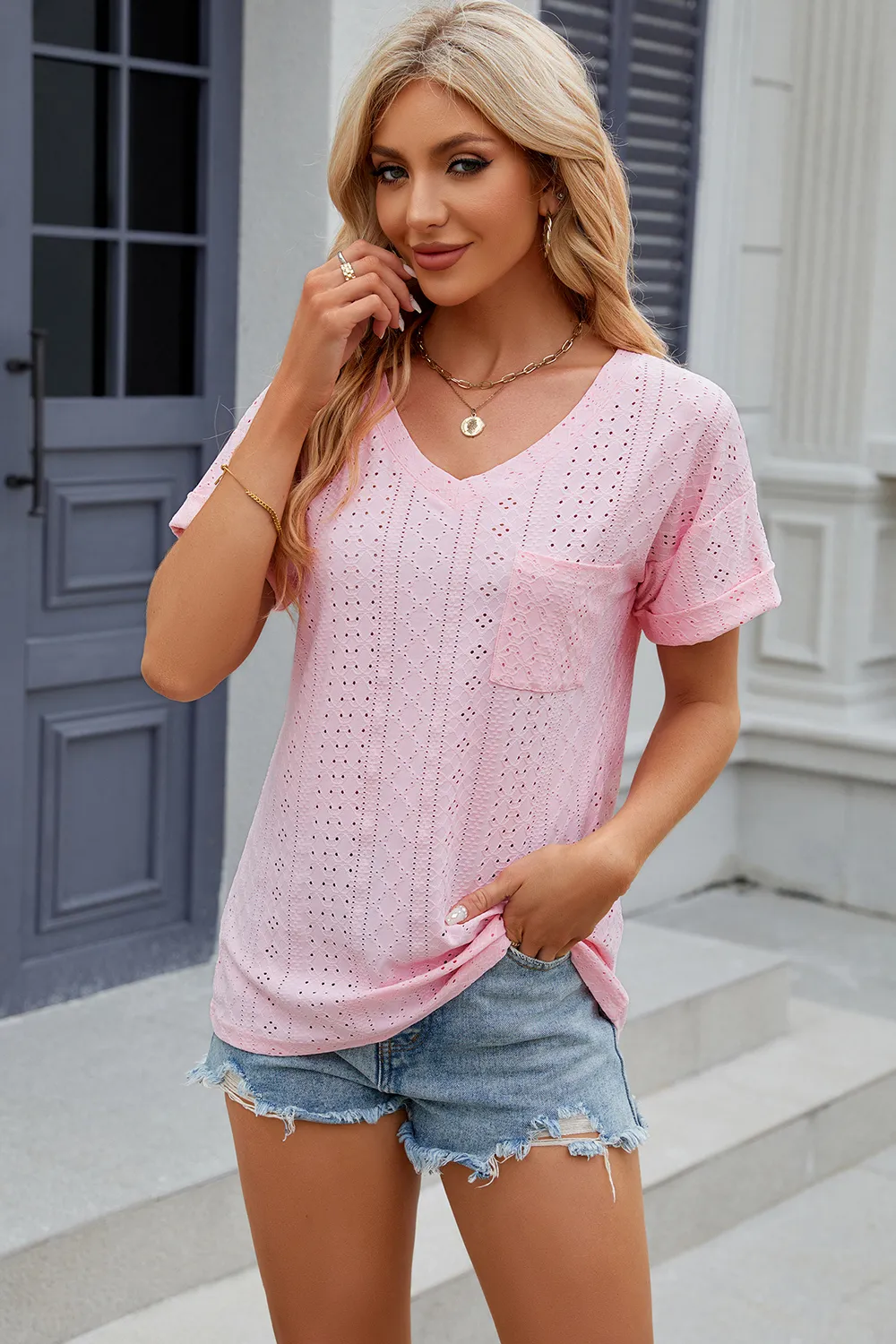 Eyelet V-Neck Short Sleeve T-Shirt, image 14