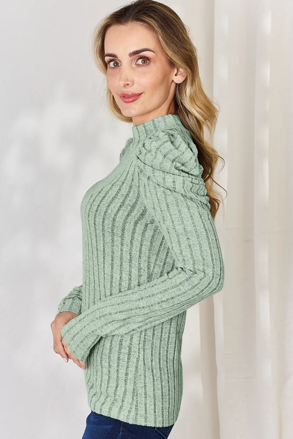 Full Size Ribbed Mock Neck Puff Sleeve T-Shirt, image 25