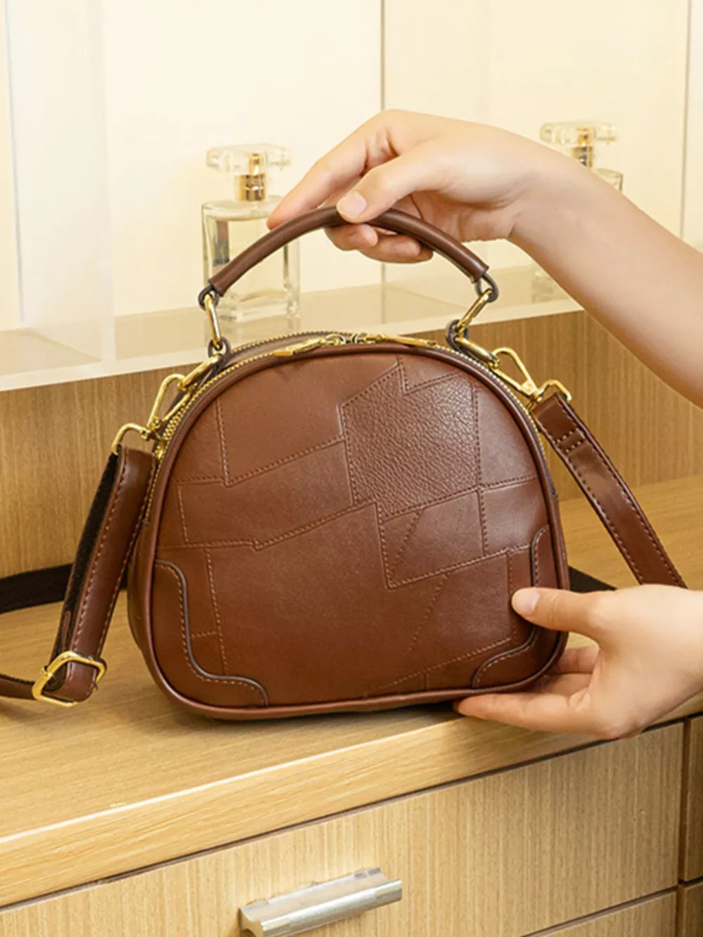 Patchwork Leather Crossbody Bag with Top Handle, image 5
