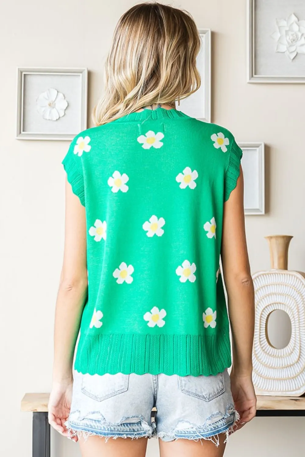Full Size Flower Pattern Round Neck Sweater Vest, image 2