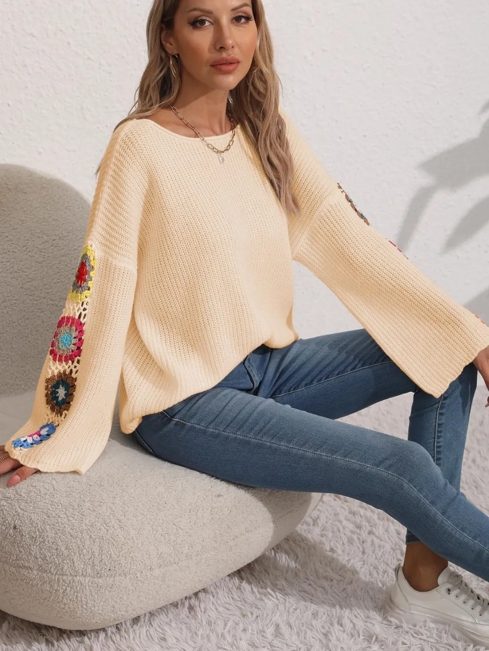 Crochet Flower Long Sleeve Sweater, image 9