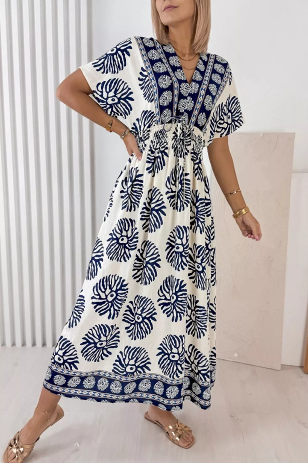 Floral Print Contrast Patchwork V Neck Dolman Dress, image 2