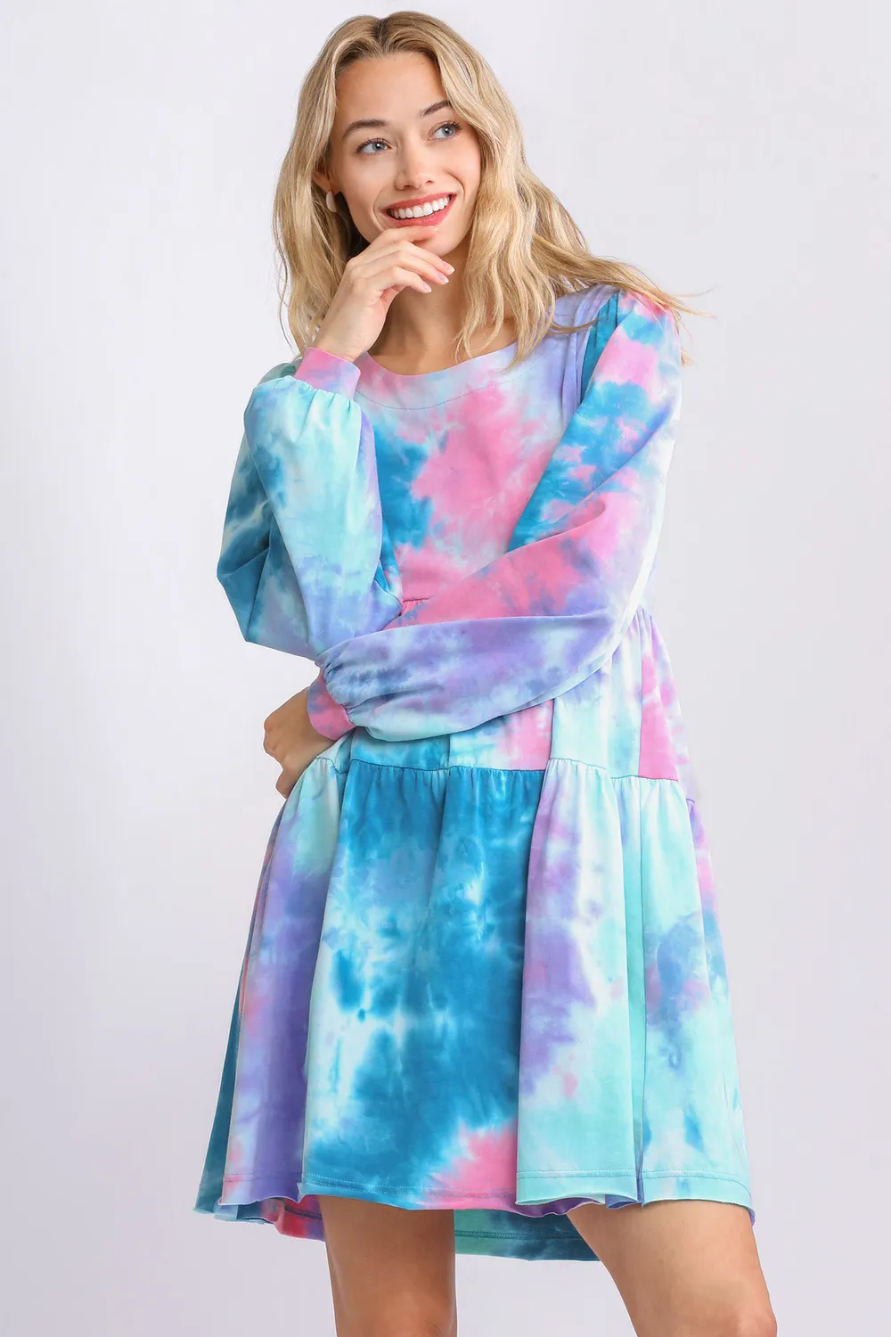 Full Size Tie Dye Round Neck Long Sleeve Babydoll Tiered Dress Plus Size