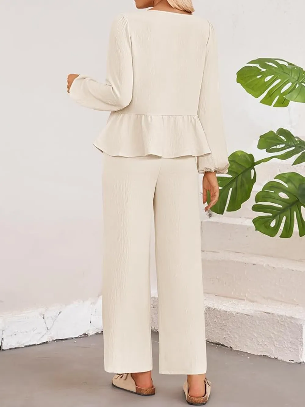 Tie Neck Balloon Sleeve Top and Pants Set, image 4