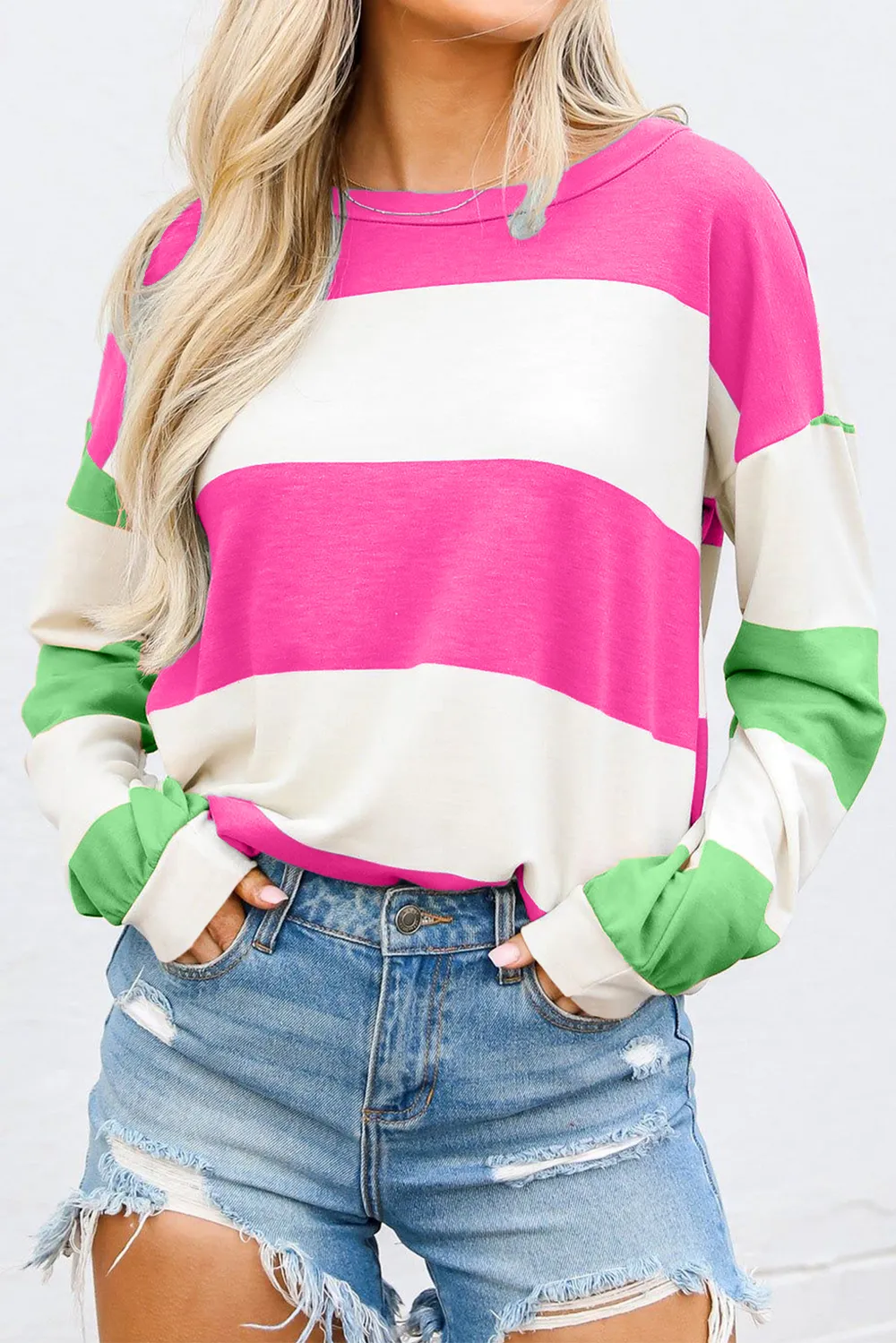 Contrast Color Block Round Neck Long Sleeve Top, image 6