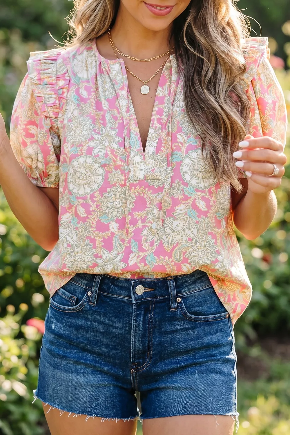 Tie V Neck Floral Short Puff Sleeve Blouse, image 2