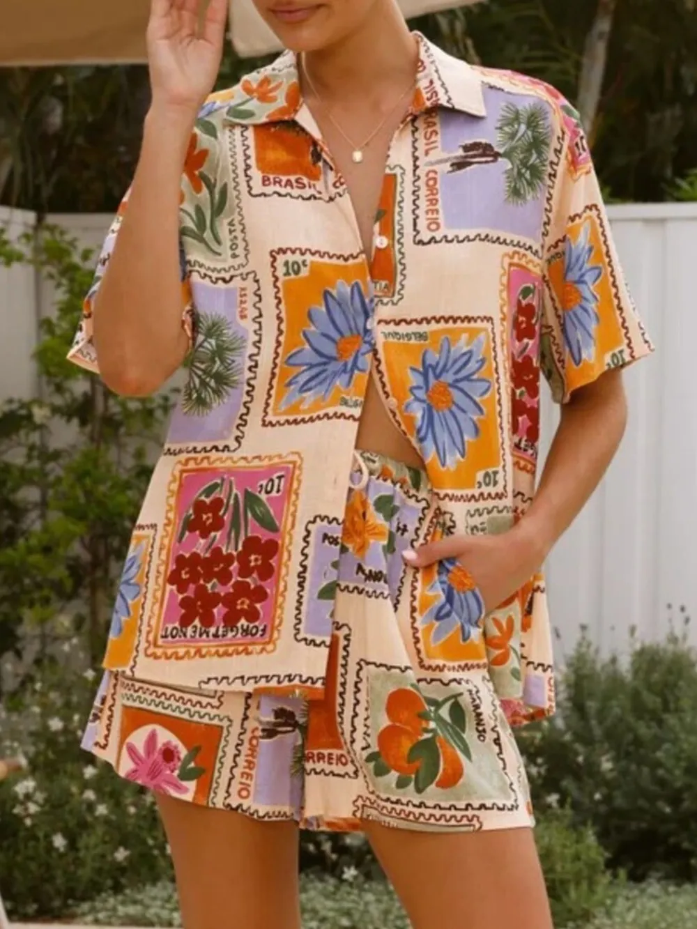 Printed Button Up Shirt and Shorts Set, image 4