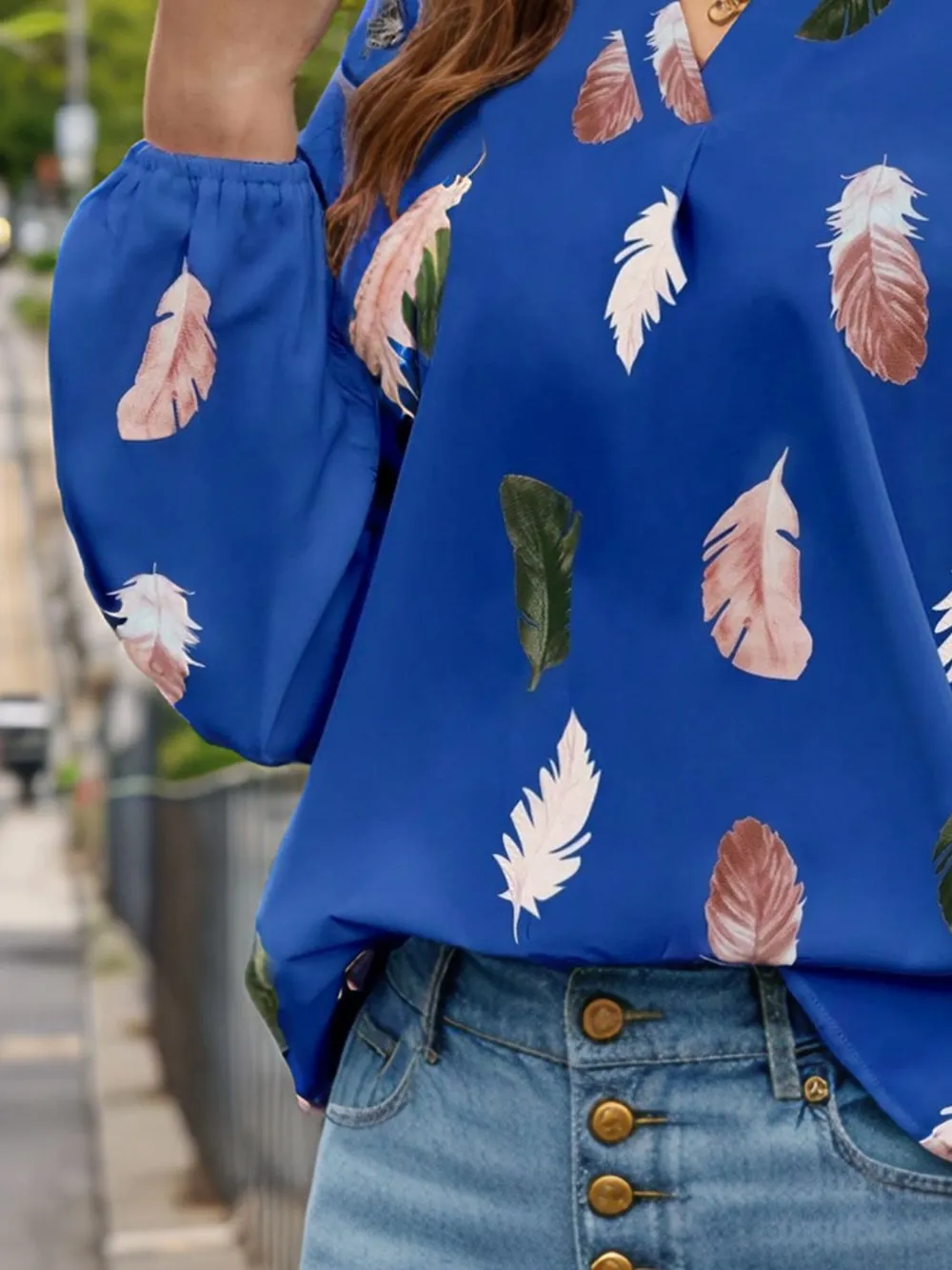 Feather Print Notched Balloon Sleeve Top, image 11