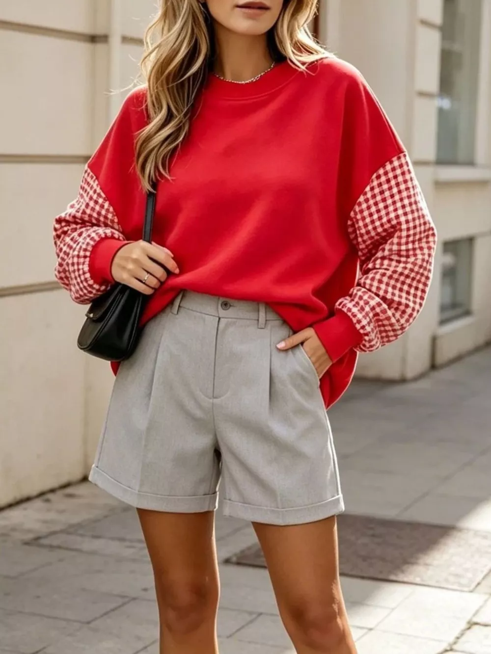 Christmas-Themed Contrast Gingham Long Sleeve Sweatshirt, image 7