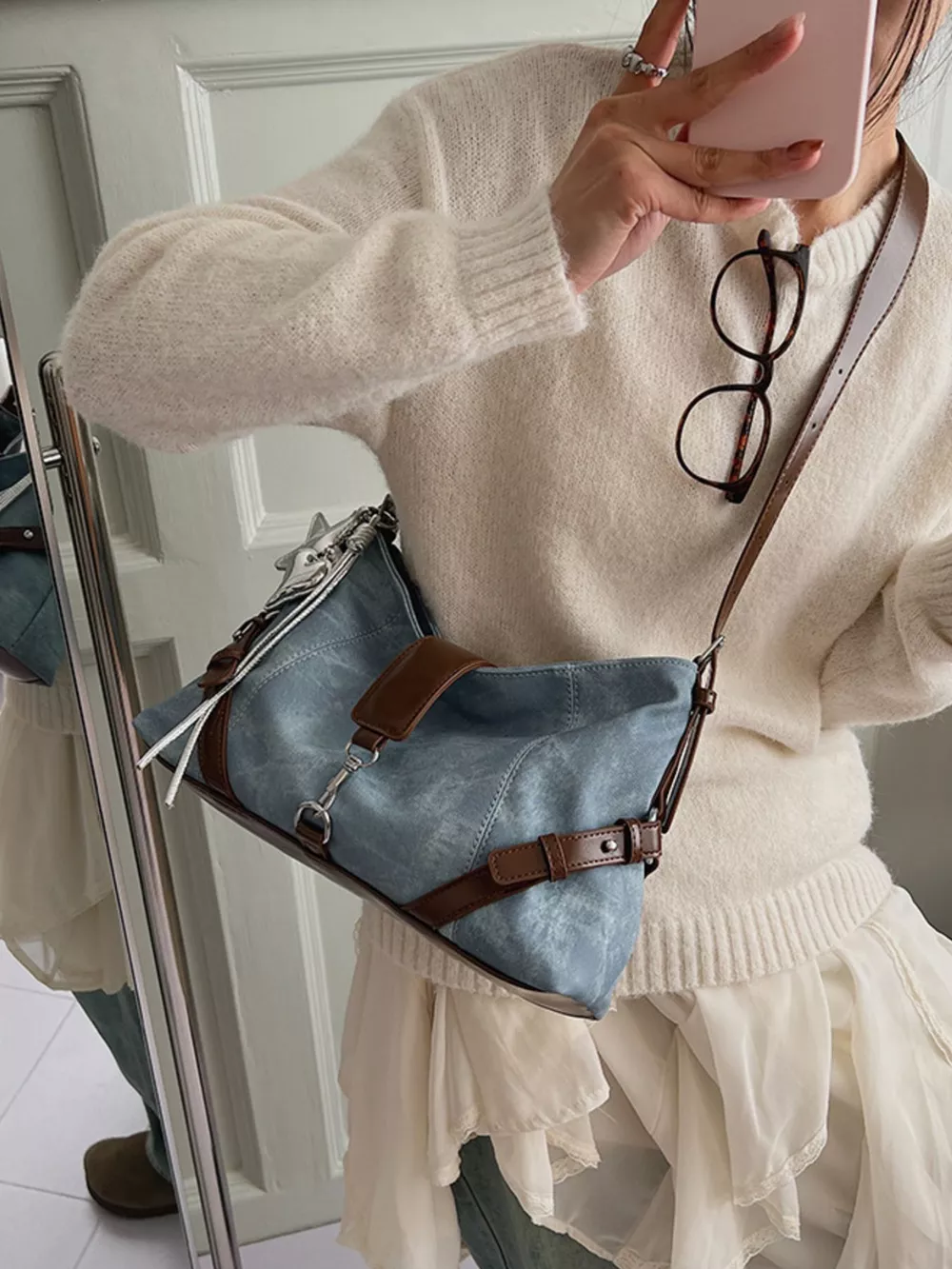 Vintage Wash Crossbody Bag with Leather Accents
