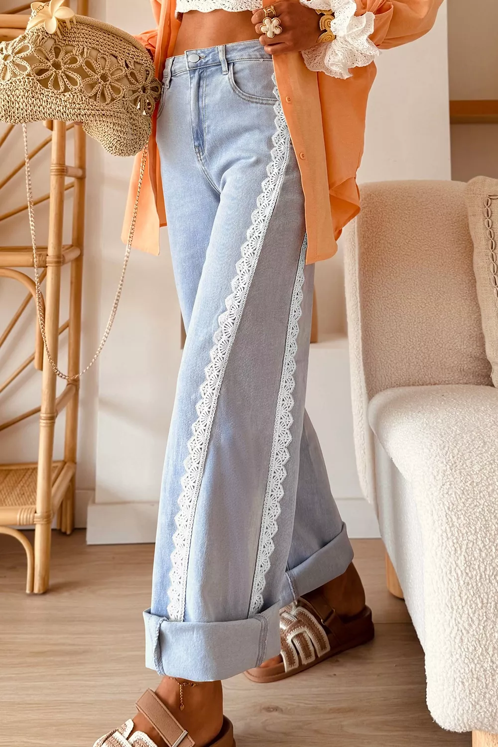 Light Wash Lace Trim Wide Leg Jeans, image 2
