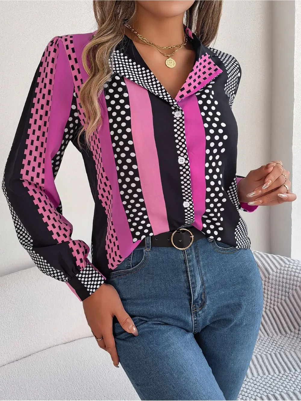 Polka Dot Contrast Long Sleeve Shirt, image 15