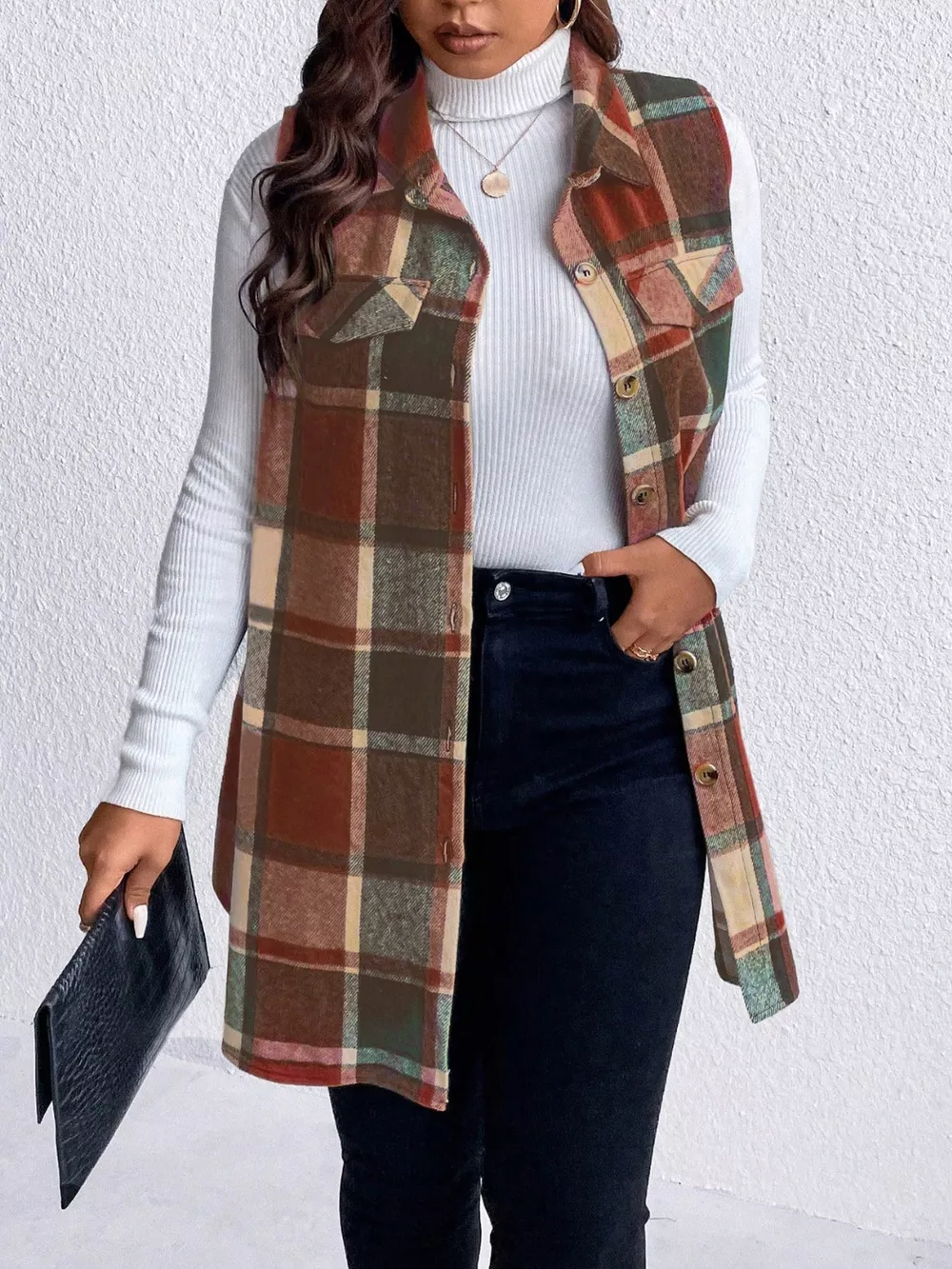 Plus Size Pocketed Plaid Button Up Vest Coat, image 17