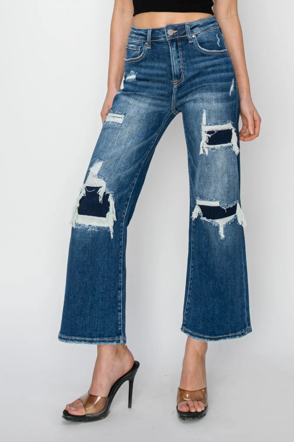 Full Size High Rise Patch Detailed Wide Leg Crop Jeans, image 5