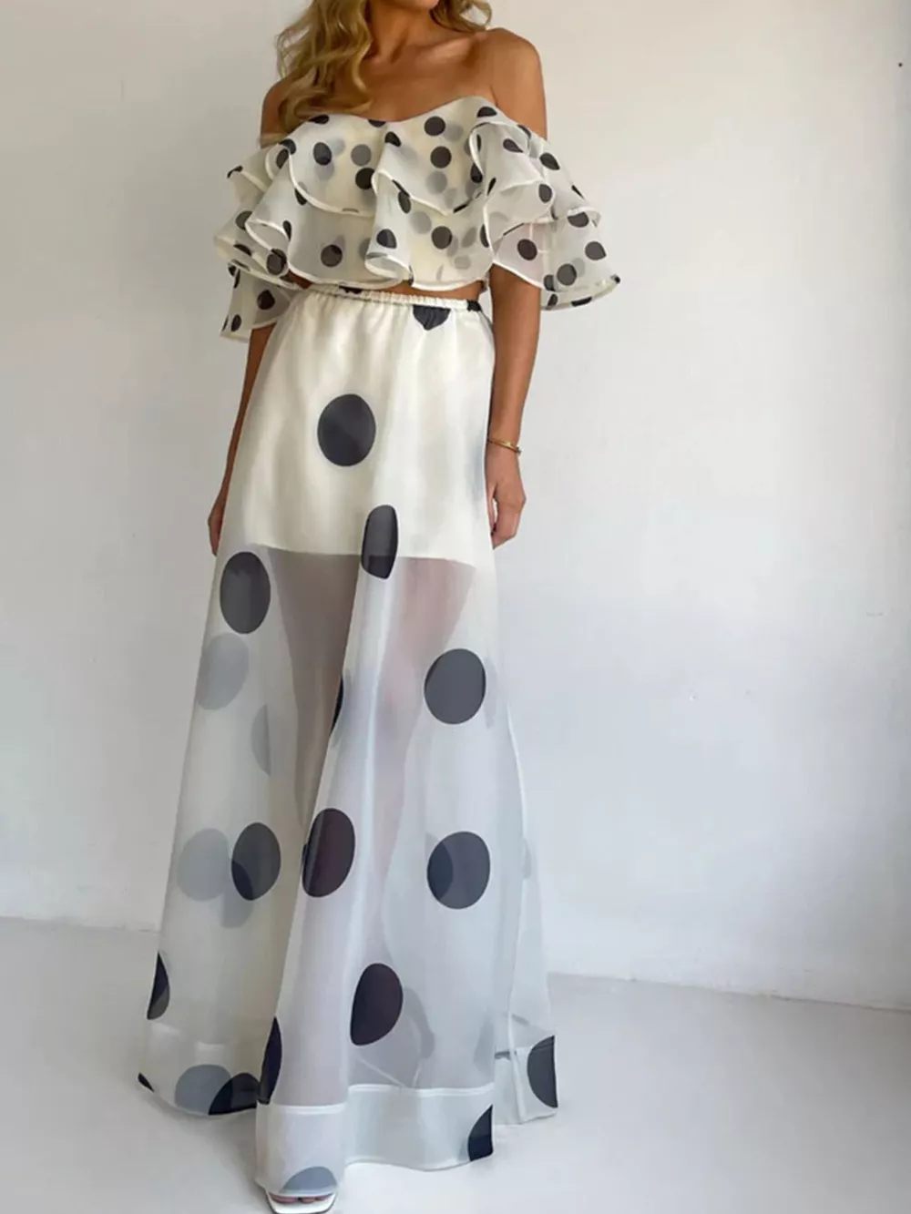 Polka Dot Ruffle Crop Top and Maxi Skirt Set, image 8