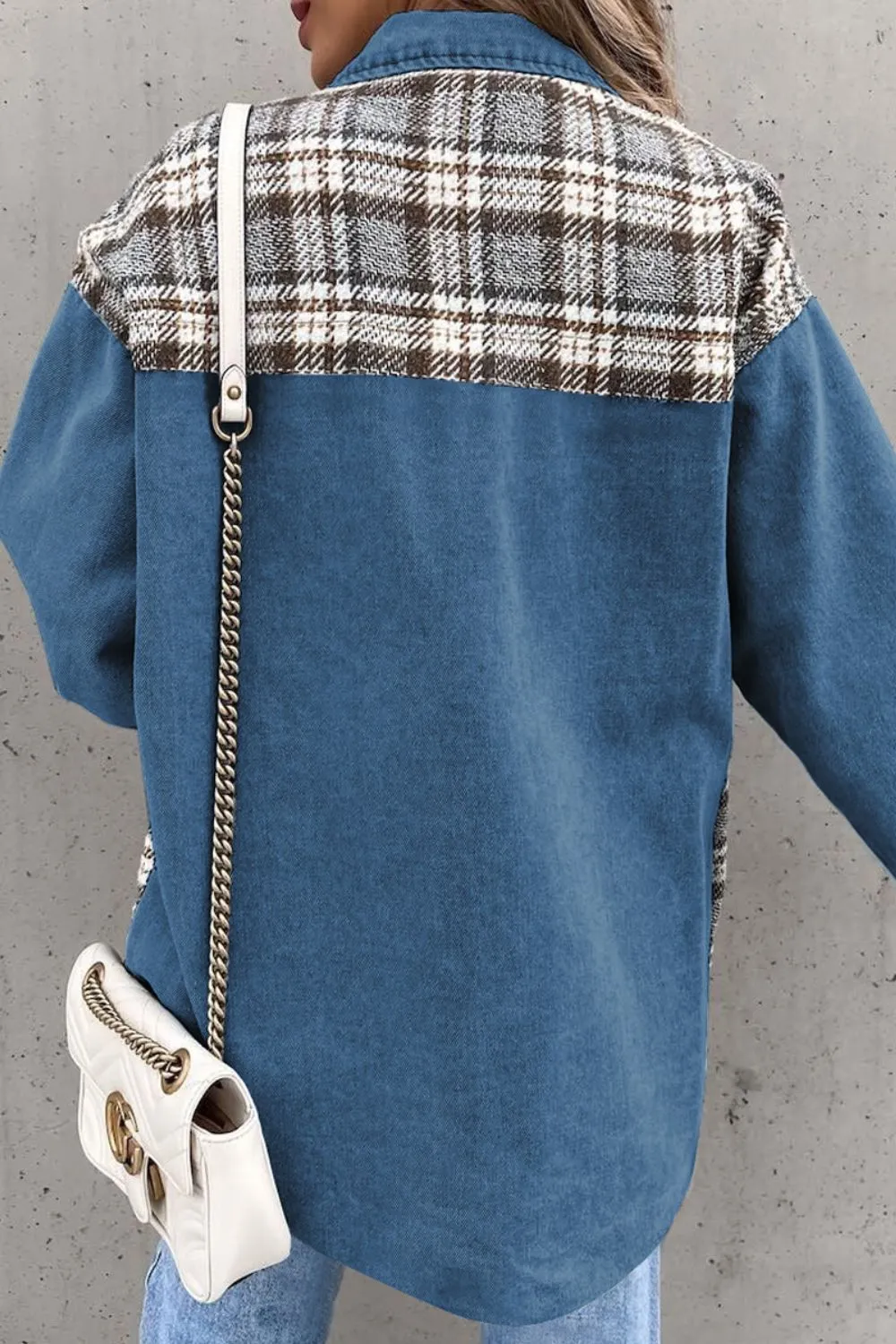 Plaid Pocketed Button Up Denim Jacket, image 13