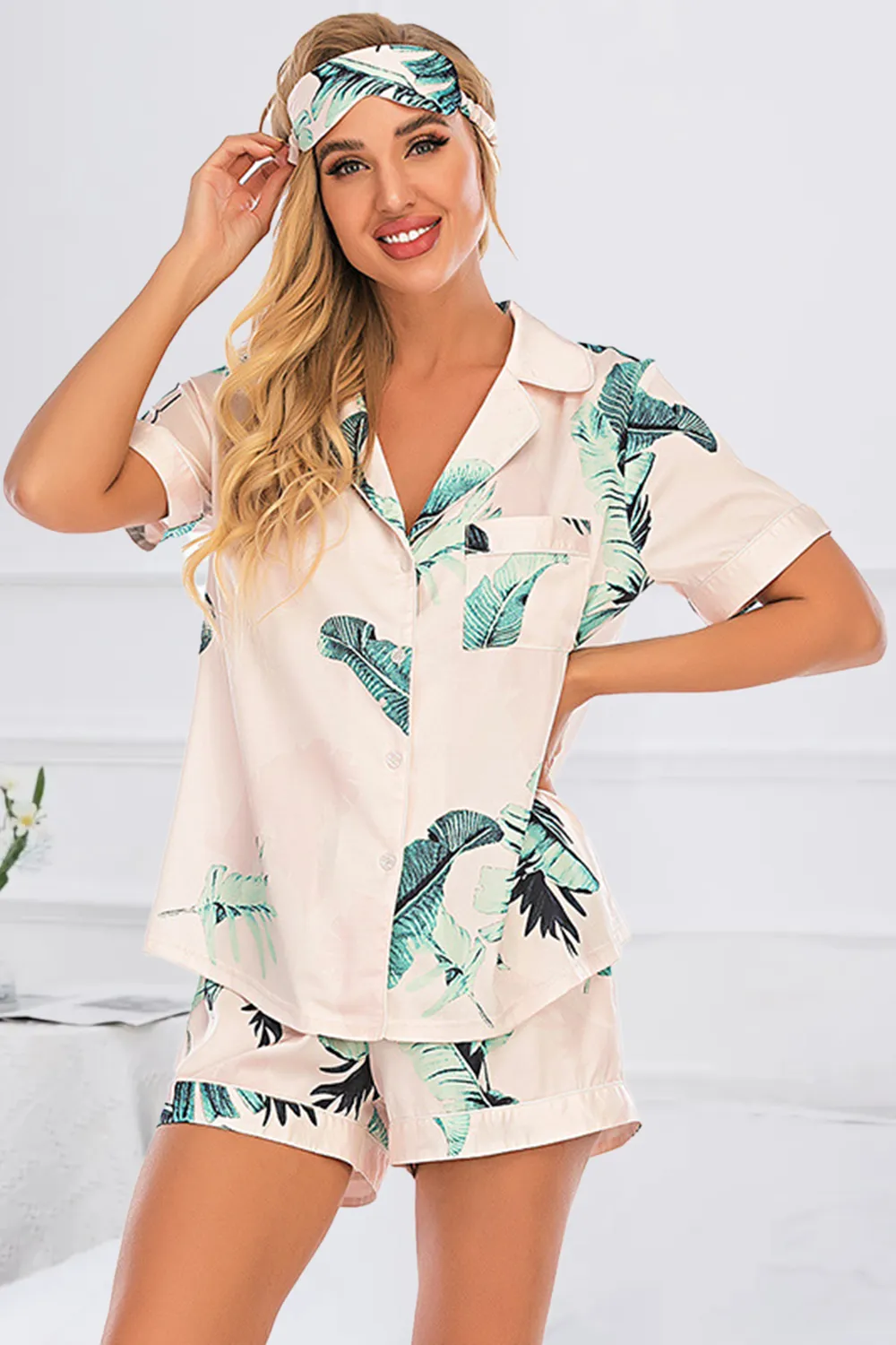Printed Button Up Short Sleeve Top and Shorts Lounge Set, image 30