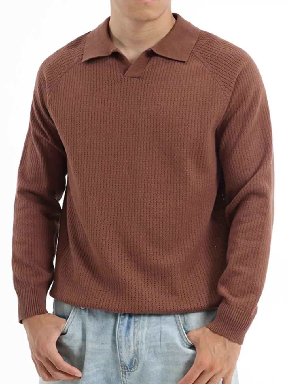 Men's Plus Size Textured Polo Collar Knit Top, image 3