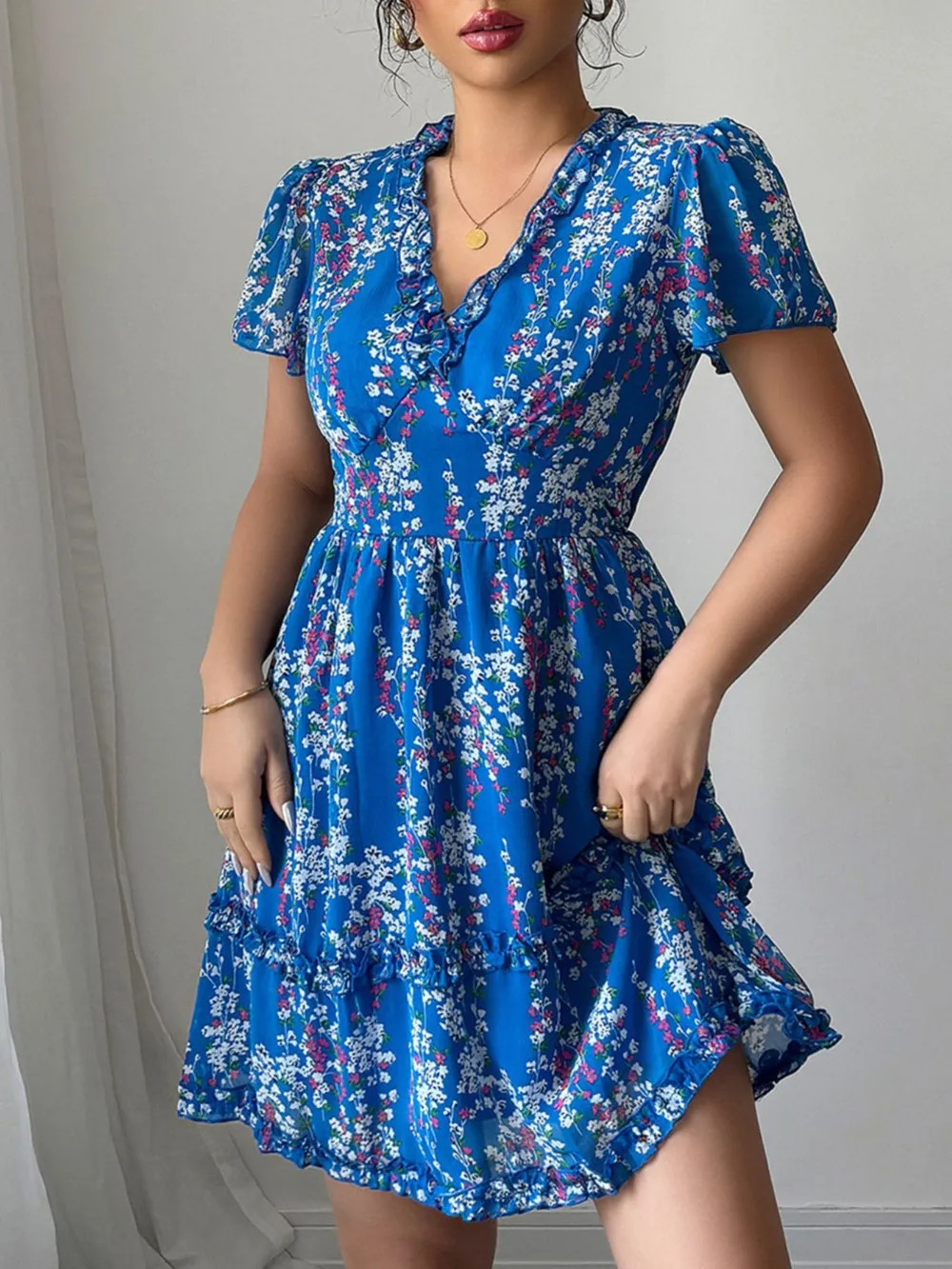 Floral Wrap Dress with Flutter Sleeves, image 7