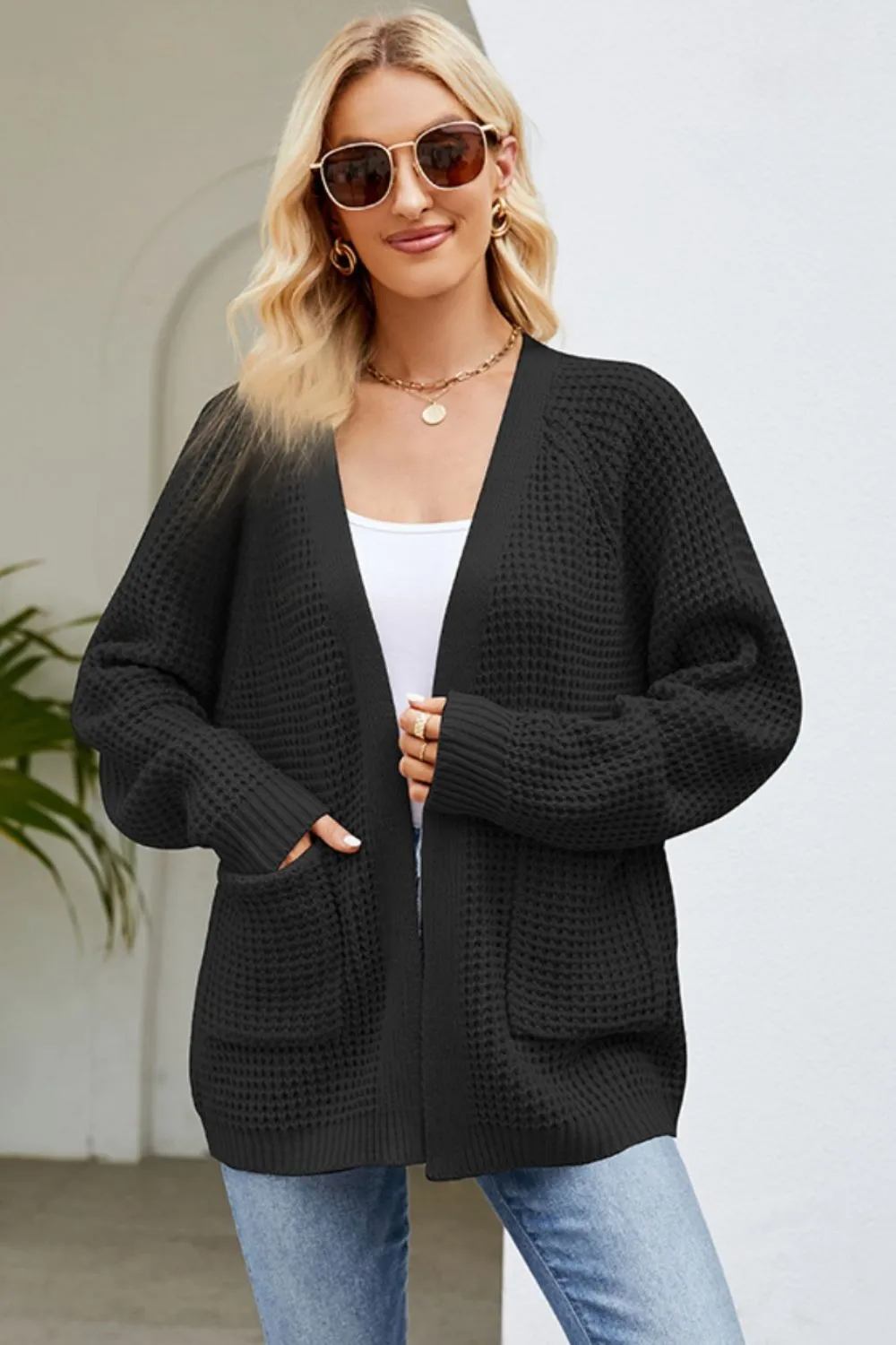 Open Front Raglan Sleeve Pocketed Cardigan, image 8