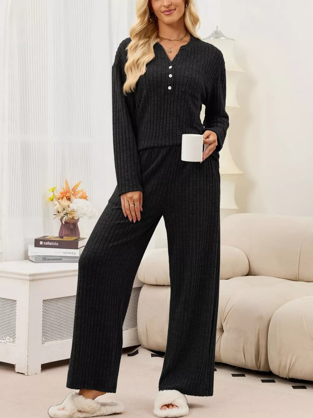 Ribbed Knit Top and Wide-Leg Pants Set, image 8