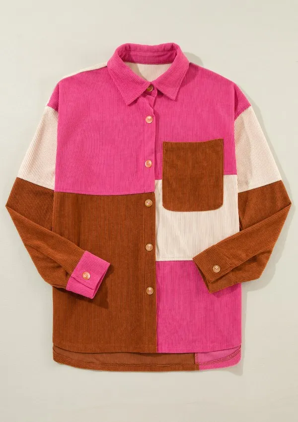 Color Block Curved Hem Corduroy Shacket with Pocket, image 4