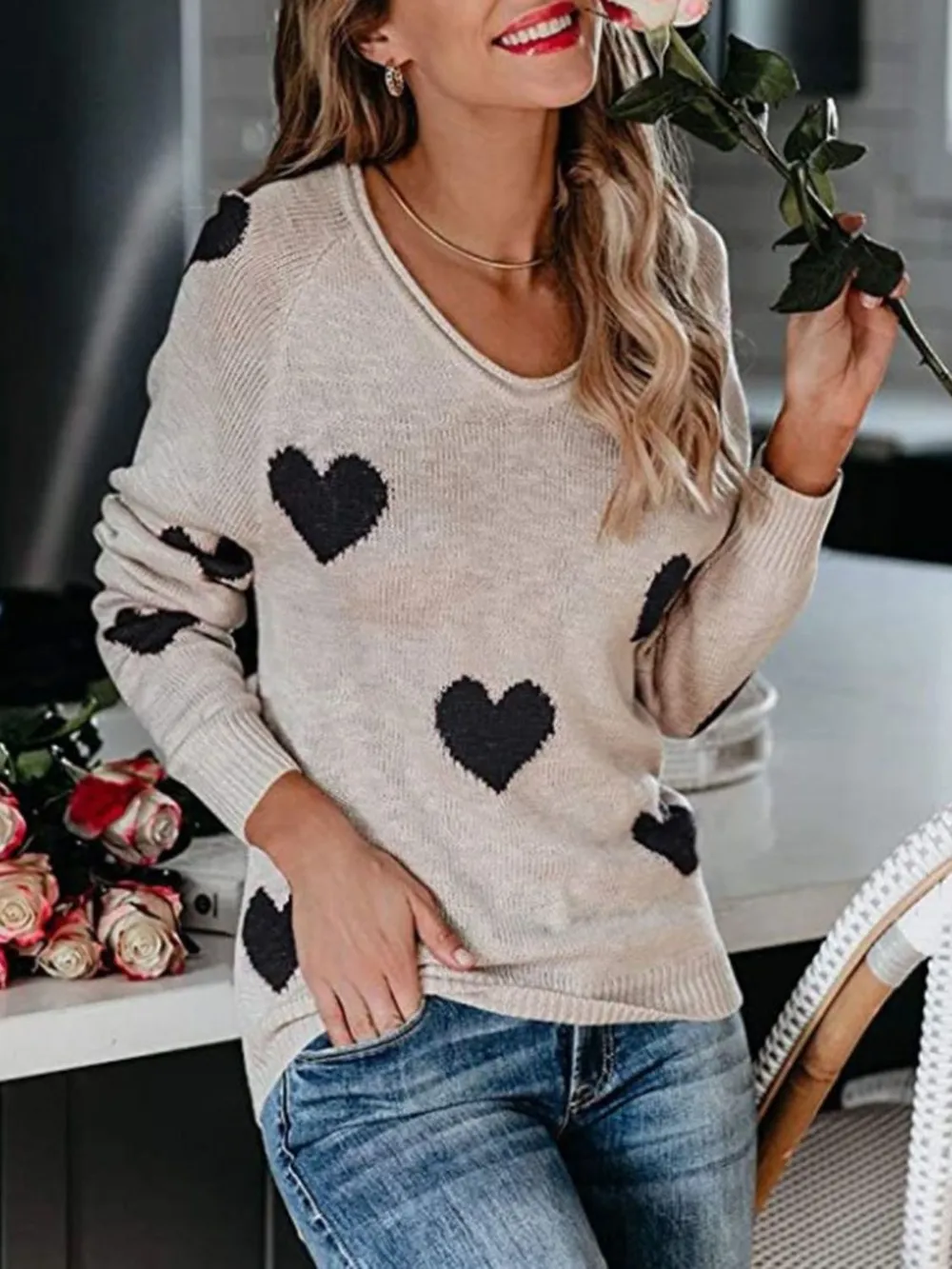Heart Scoop Neck Long Sleeve Sweater, image 11