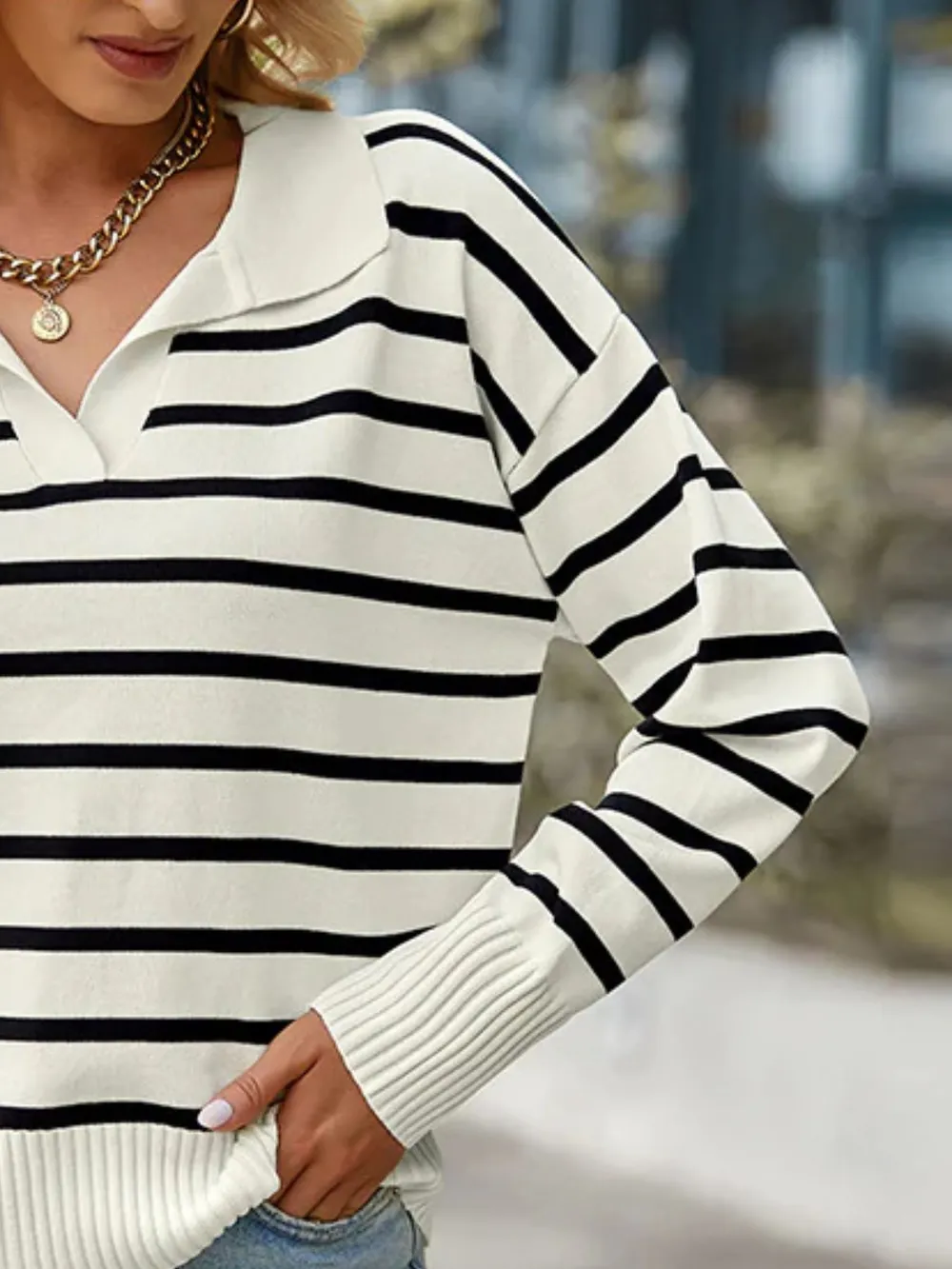 Ribbed Hem Long Sleeve Striped Sweater, image 3