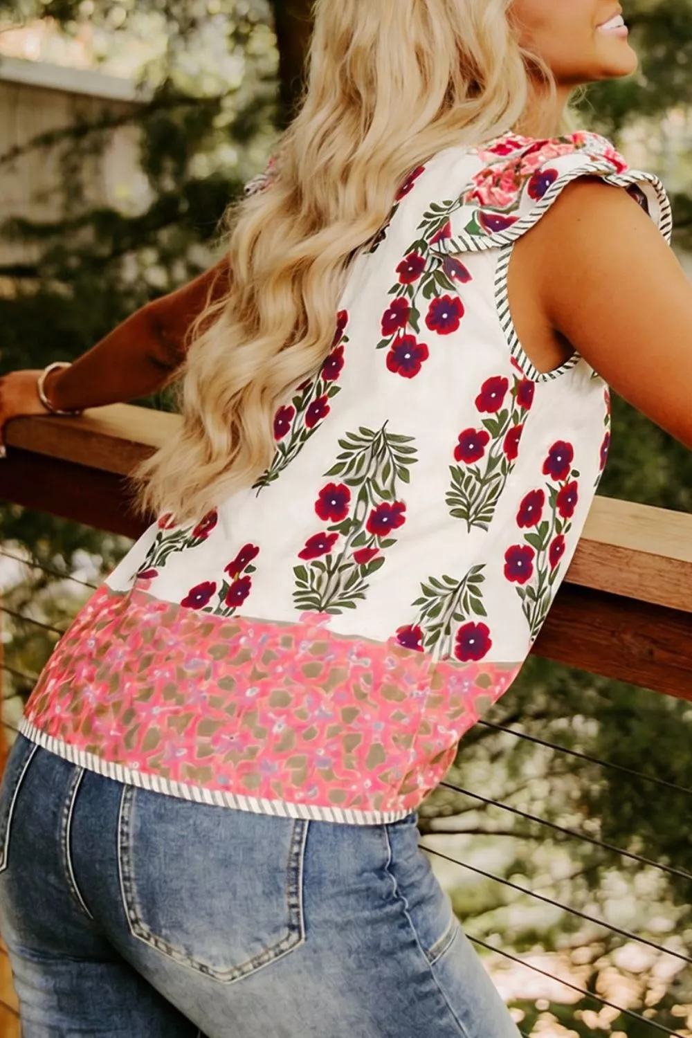 Floral Print Contrast Striped Trim Flutter Cotton Blouse, image 3
