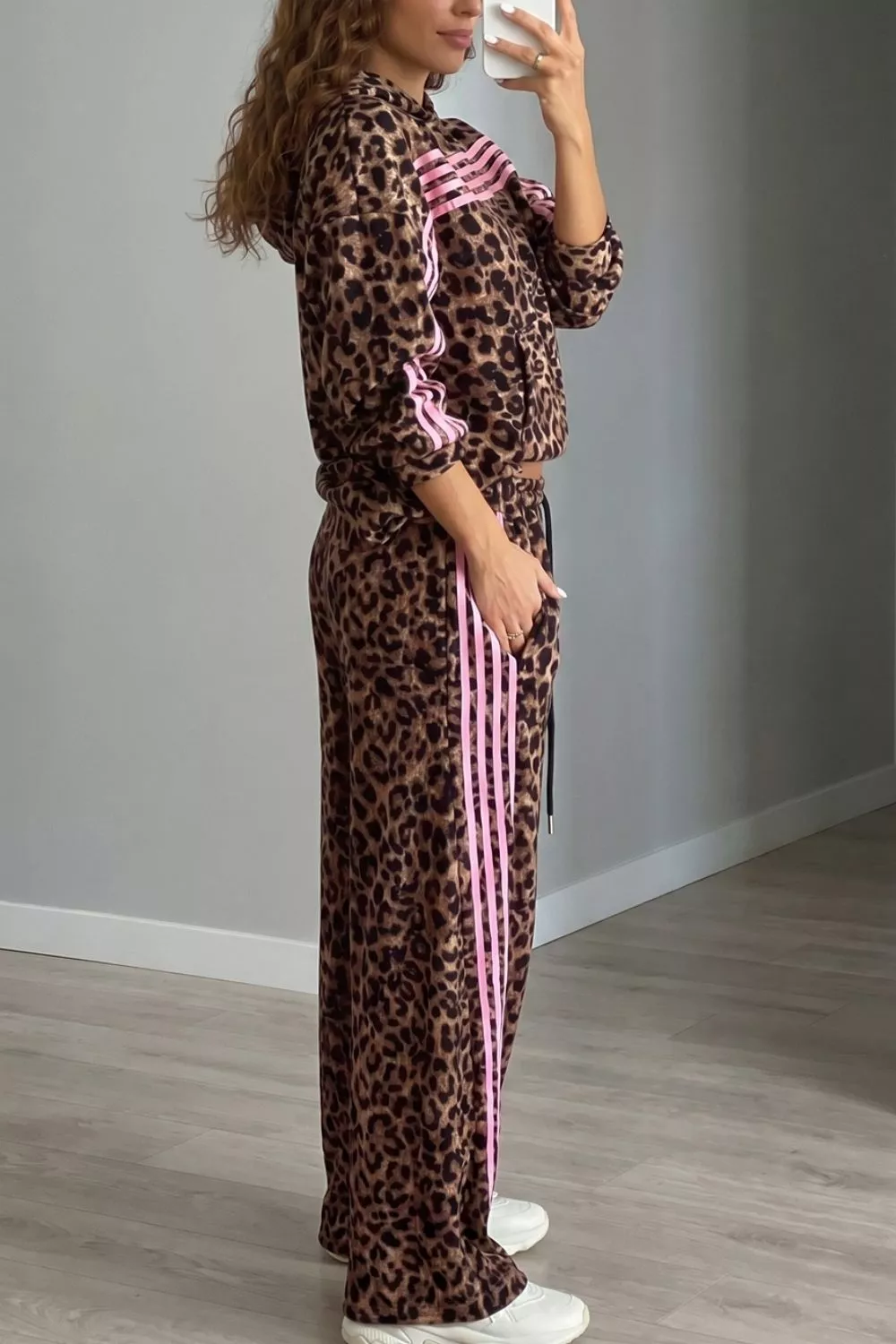 Leopard Print Contrast Striped Detail Long Sleeve Top Pant Set, image 4