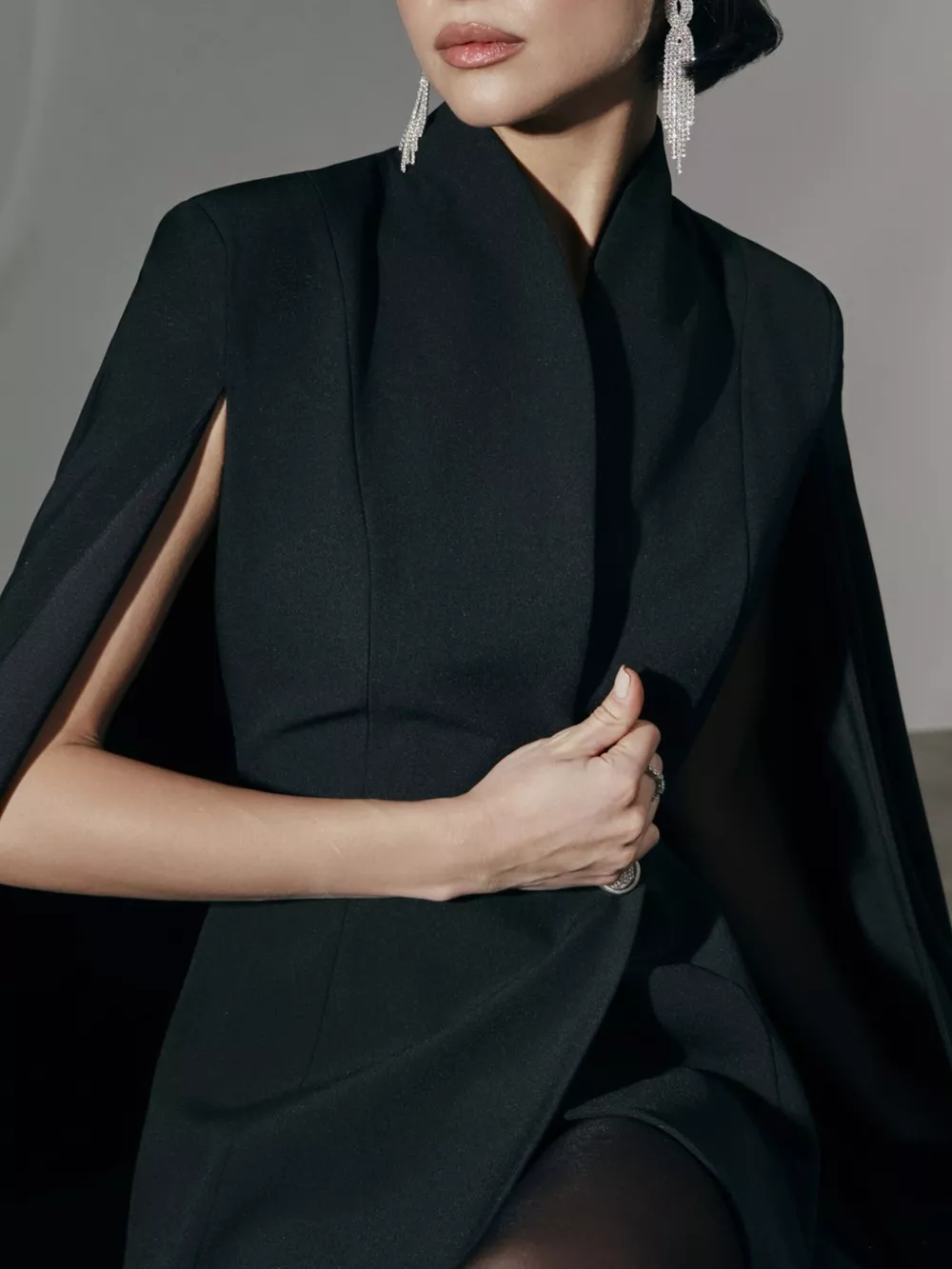 One Button Fitted Mini Blazer Dress with Cape Sleeves, image 6