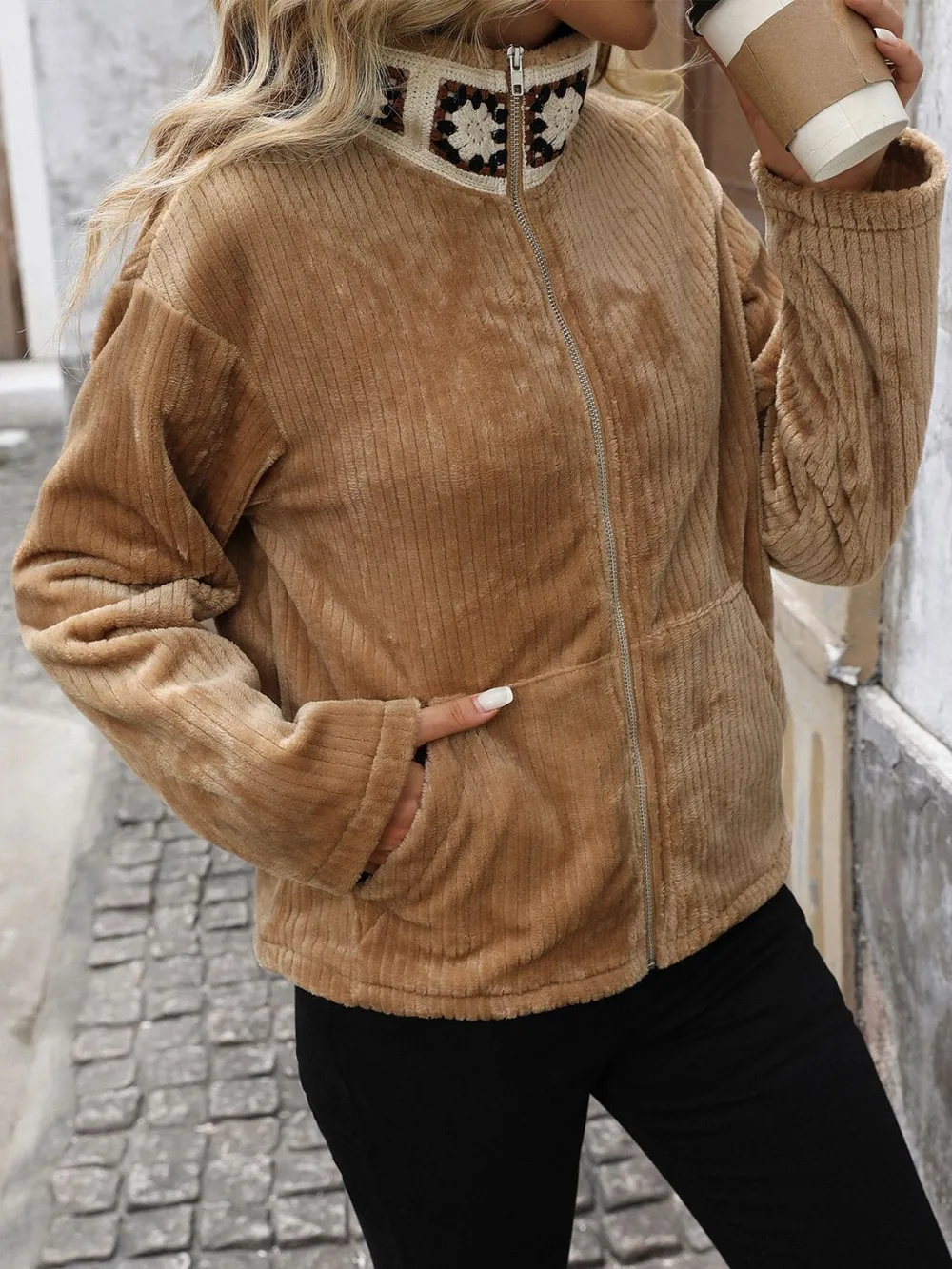 Pocketed Zip Up Collared Neck Long Sleeve Jacket, image 6