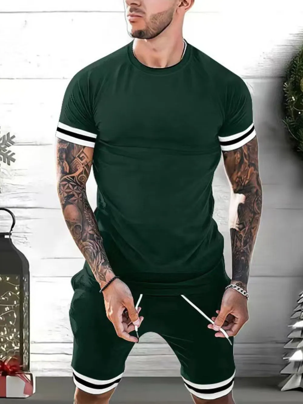 Men's Plus Size Round Neck Short Sleeve Top and Shorts Set, image 5