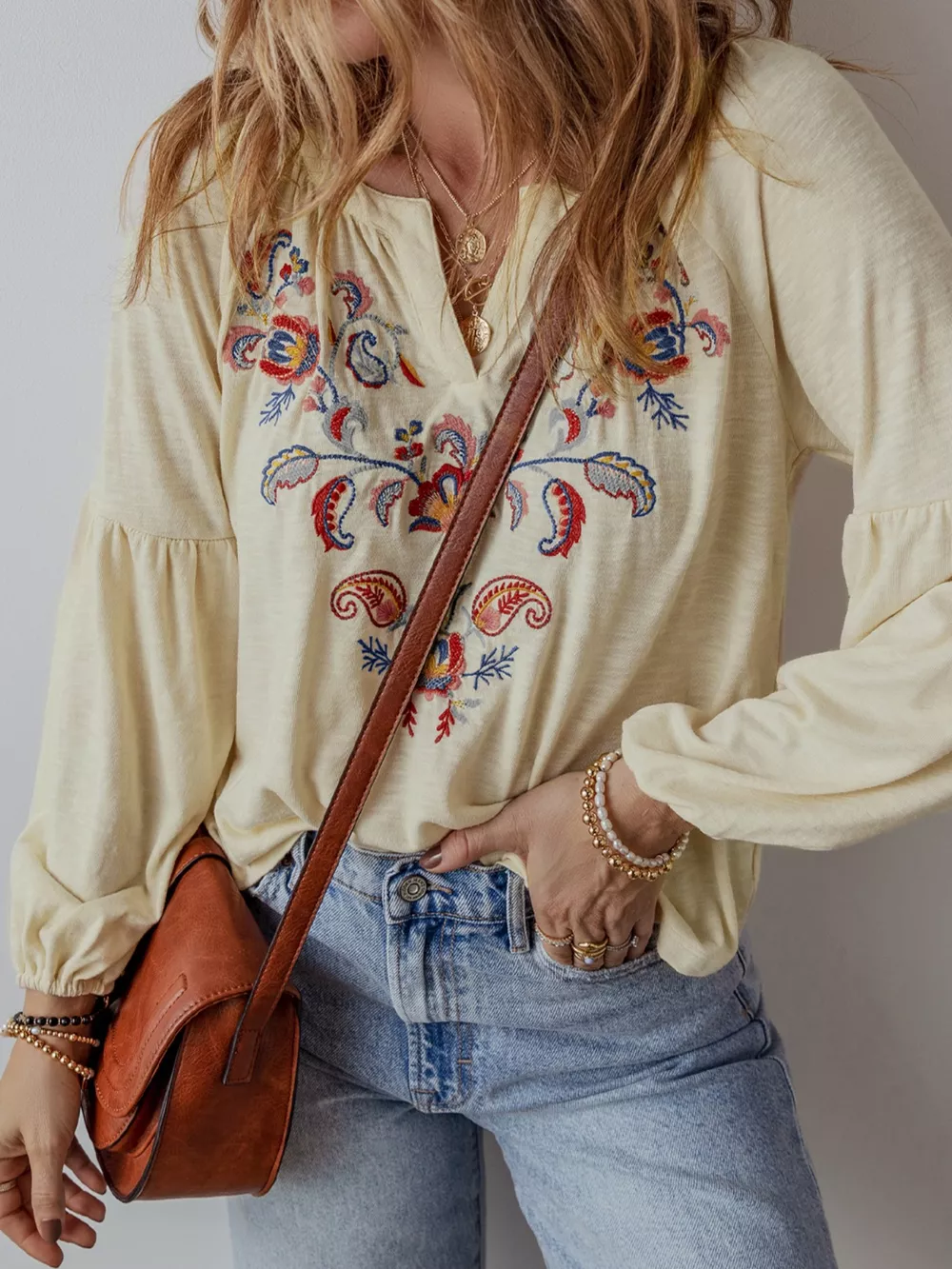 Embroidered Notched Balloon Sleeve Blouse, image 3