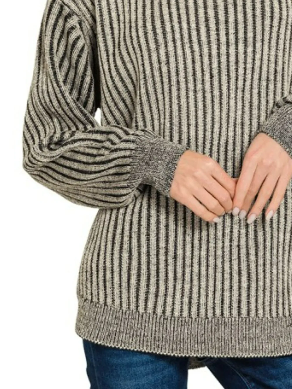 Curved Hem Two-Tone Ribbed Sweater, image 3