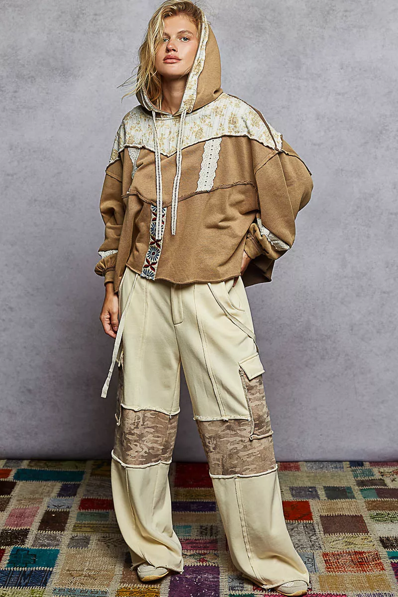 Drawstring French Terry Hoodie with Gauze Print Patch, image 6