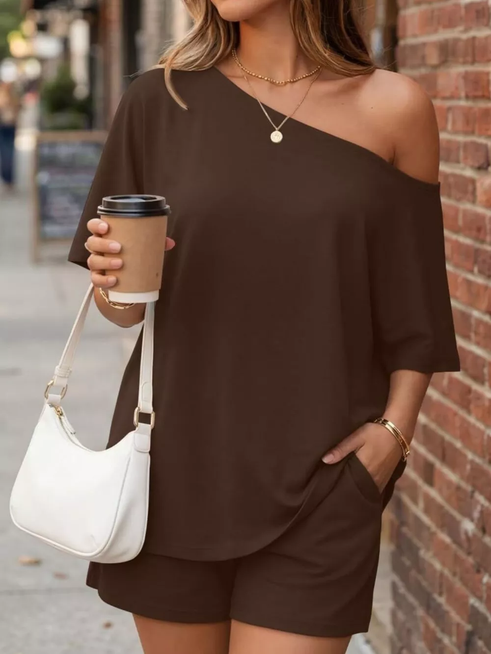 One-Shoulder Short Sleeve Top and Shorts Set, image 10