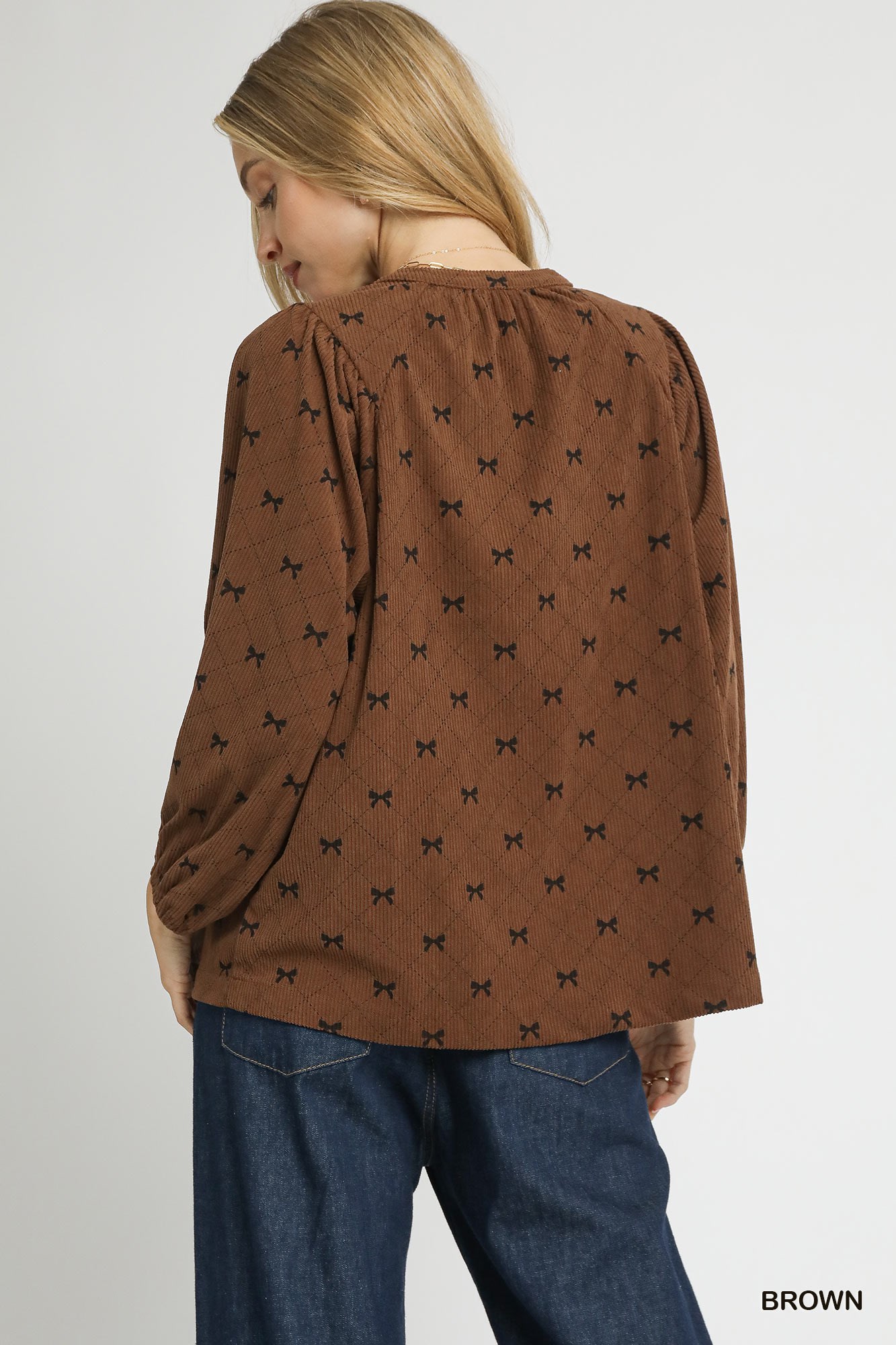 Corduroy Bow Print Balloon Sleeve Blouse, image 3