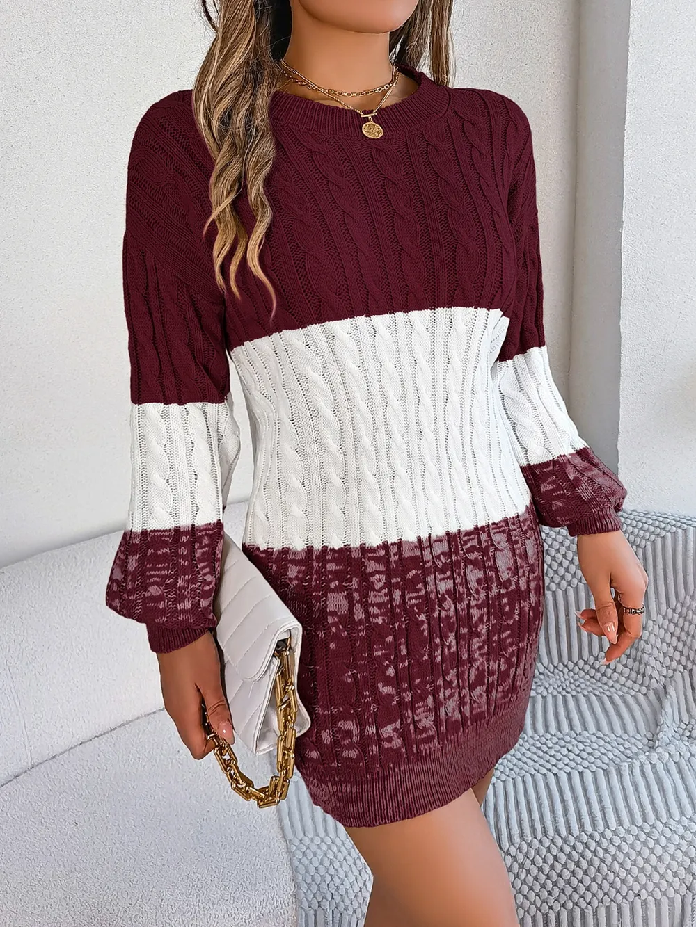 Cable-Knit Round Neck Color Block Sweater Dress, image 18