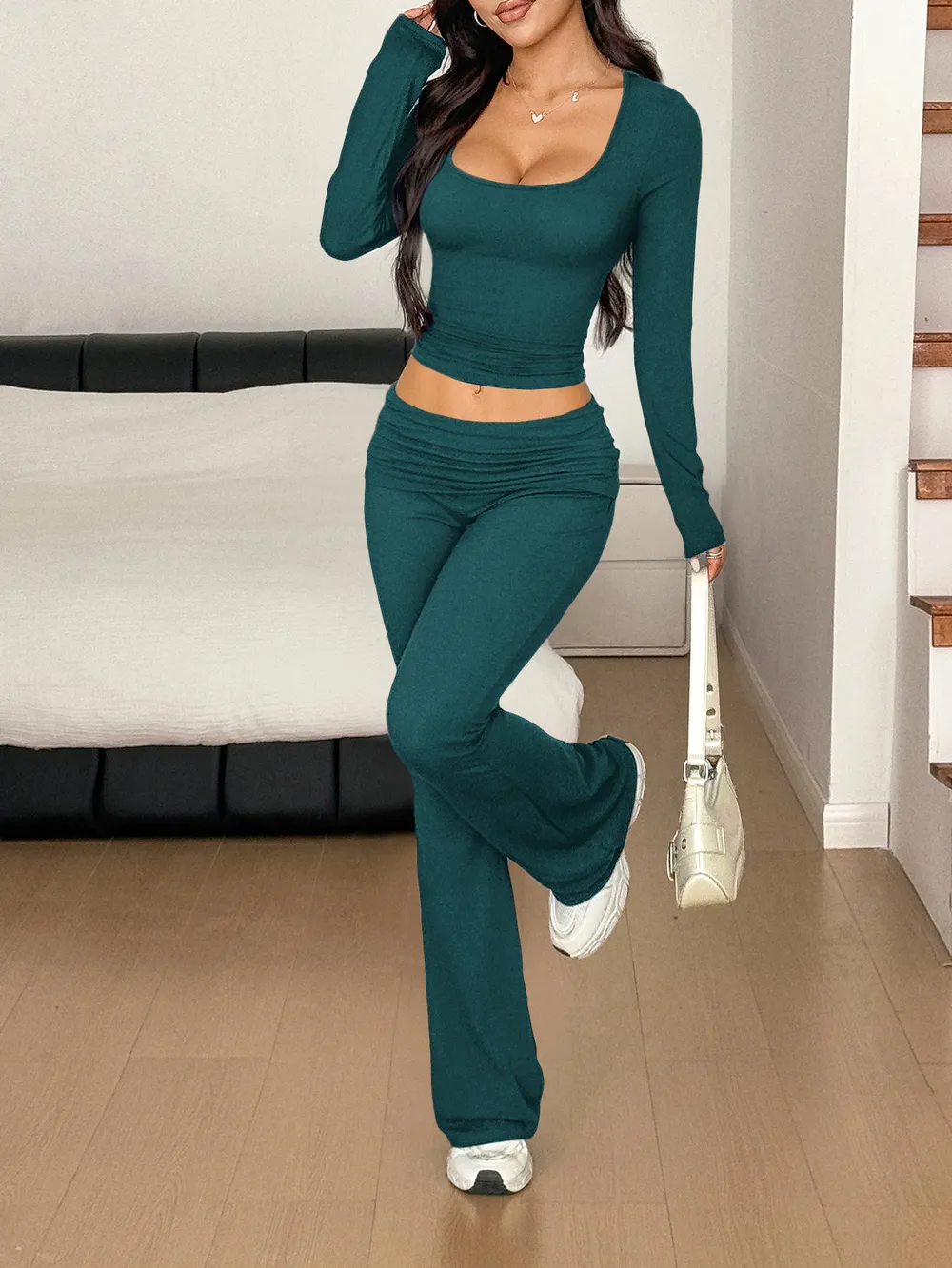 Long Sleeve Crop Top and Bootcut Pants Set, image 18