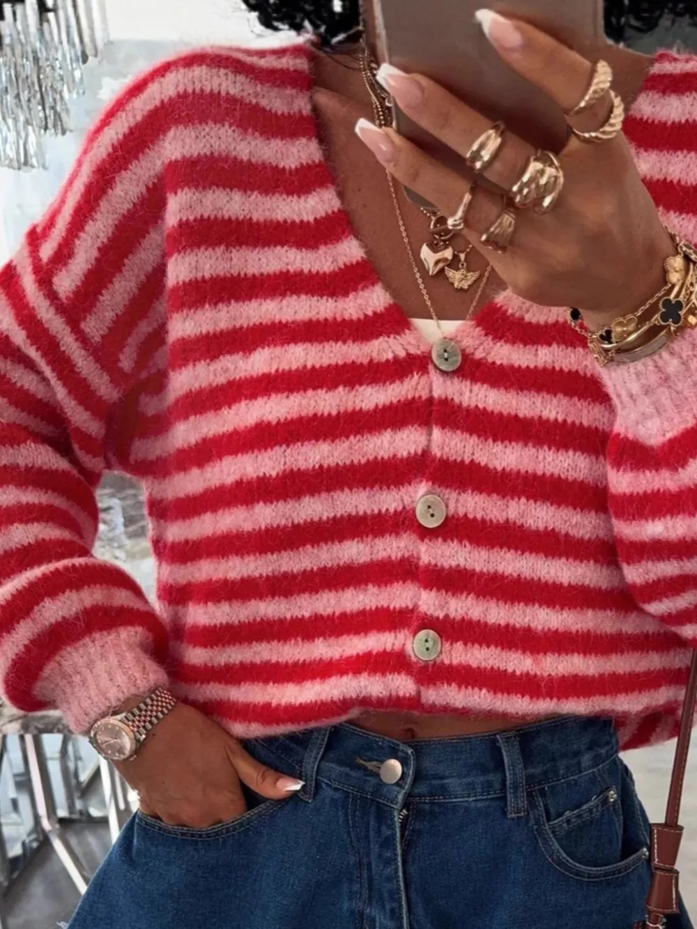 Striped Knit Button-Down Cardigan, image 6