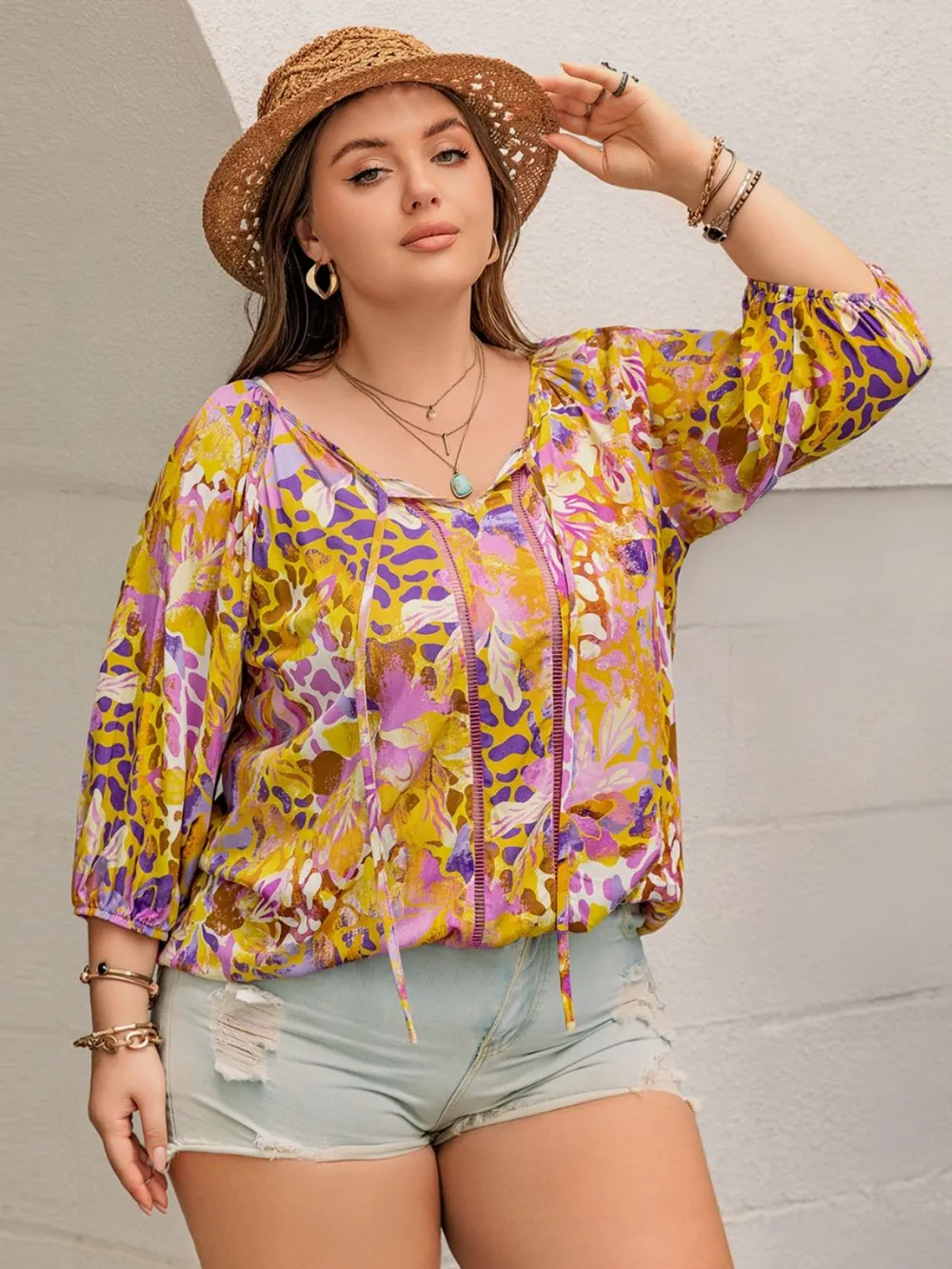 Plus Size Printed Tie Neck Blouse, image 5