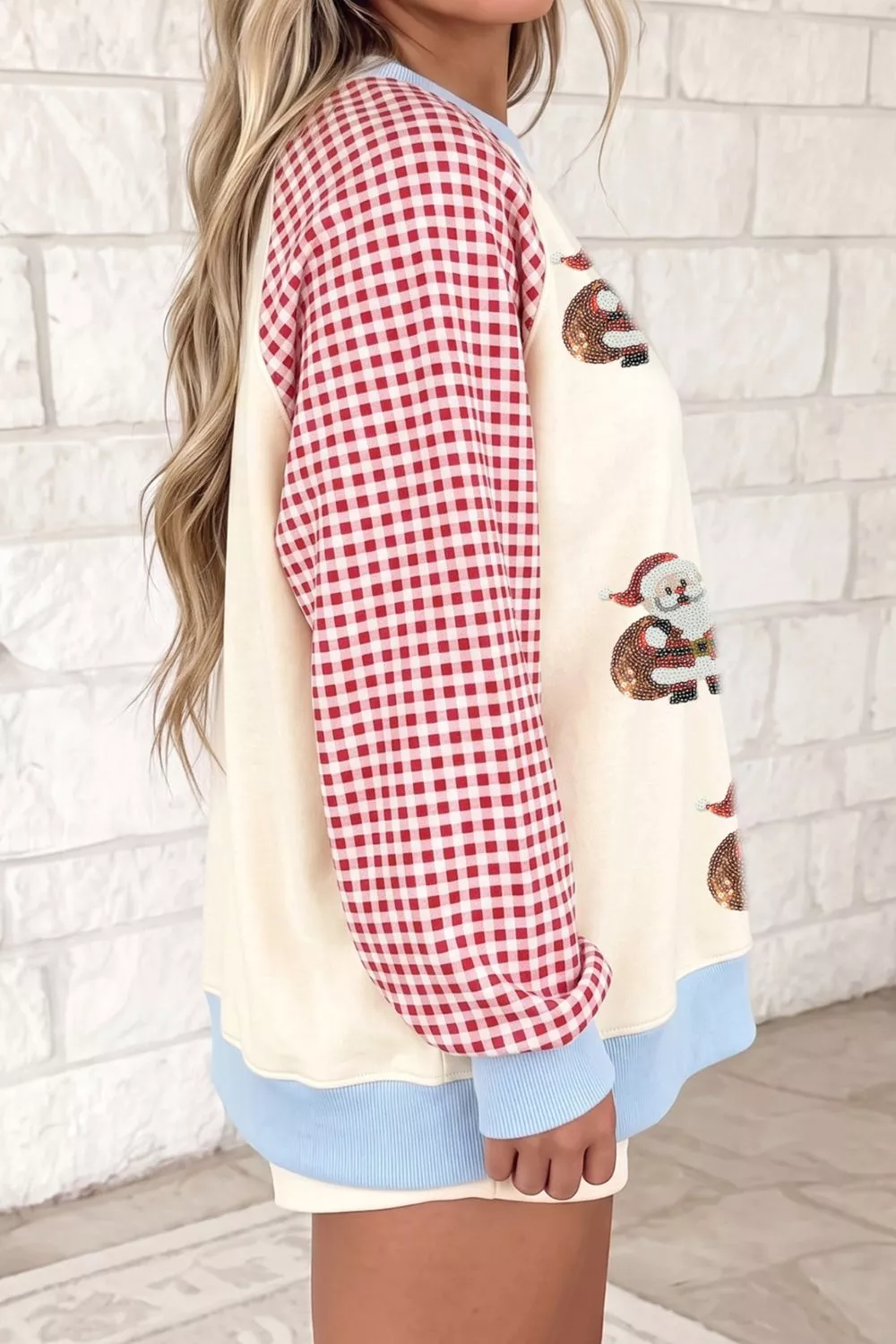 Sequin Santa Plaid Sleeve Pullover Graphic Sweatshirt, image 2